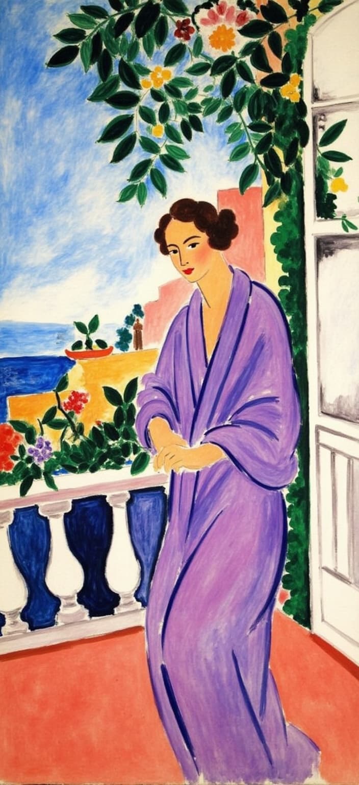 mattise_nice, A vibrant and captivating painting featuring a woman in a radiant purple robe, gracefully seated by an elegant balcony. The scene is bathed in the warm, inviting colors typical of the Matisse-in-Nice style, with bold outlines and a harmonious palette creating a lively yet serene atmosphere. The woman, depicted with a soft, contemplative expression, gazes out over the balcony, which overlooks a sunlit Mediterranean landscape. Lush plants and vivid blooms spill over the railings, adding an exotic touch and a burst of color to the scene. The composition is meticulously centered, ensuring a crisp, clean look that draws the viewer's eye and makes the artwork an ideal choice for a digital wallpaper. The painting captures the essence of leisurely elegance and Mediterranean beauty, inviting viewers to lose themselves in its tranquil charm.