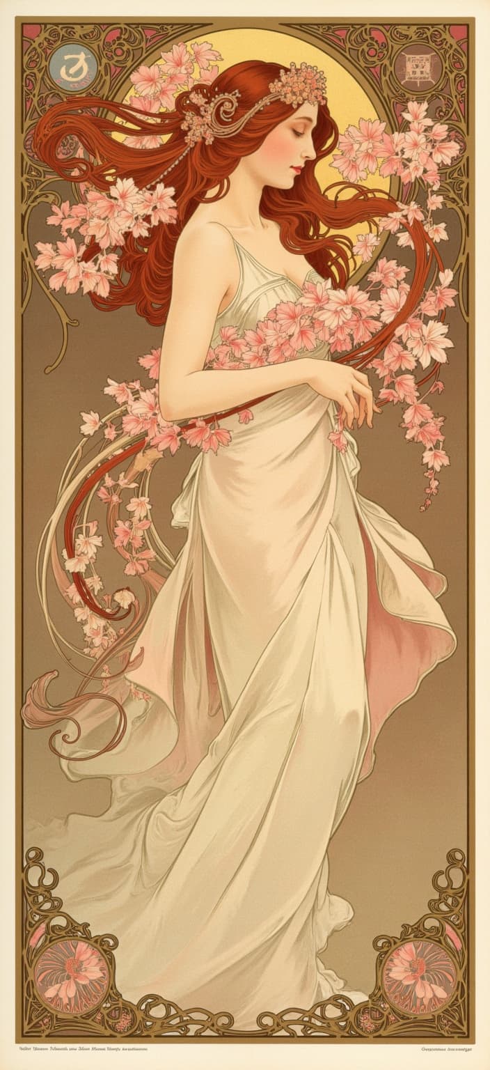 mucha, Certainly! Here's an enriched prompt based on your specifications:
In this captivating digital wallpaper, a graceful fairy with flowing auburn hair is poised elegantly under a lush canopy of blooming cherry blossoms. Her ethereal presence is enhanced by a gown crafted from delicate layers of petals, descending gracefully with the slightest breeze. Vines of intricately woven flowers coil lovingly around her arms, embodying a seamless blend of nature and mysticism.
The composition is brought to life in a style inspired by the flowing, organic lines of Art Nouveau, with an emphasis on intricate decorative patterns. The scene radiates a harmonious blend of natural motifs featuring flowers, vines, and celestial elements, set against a highly stylized background that evokes a dreamlike, romantic aesthetic. The art resonates with the signature touch of Mucha, incorporating a soft palette of delicate colors, intertwined with exuberant floral motifs composed of sinuous vines and blooming flowers. Subtle geometric patterns enrich the scene, adding a refined, ornamental quality to the composition.
The entire scene is elegantly cradled within a stylized Art Nouveau frame. This elaborate border, enriched with gold filigree and flowing organic curves, is reminiscent of a grand Gothic window, complete with intricate embellishments. Adorned with organic patterns, flowers, and celestial symbols, the frame serves not only as a visual unifier but also as a portal into a dreamlike realm, where nature and human emotion intertwine in poetic harmony. This centered composition is designed to be crisp and clean, ensuring it is perfectly suited for application as a digital wallpaper, transforming any space into a serene, artistic sanctuary.