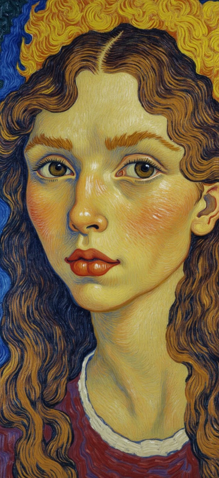 van_gogh, Enriched prompt: The composition captures a self-portrait of a young girl with an expression that deeply resonates with raw emotion and a sense of urgency. Her eyes are wide and soulful, rich with stories untold, drawing the viewer into her world. Her hair cascades down in loose, energetic brushstrokes, swirling in flame-like patterns that seem to dance across the canvas, creating a rhythmic, almost pulsating quality. The background is an arresting tapestry of dynamic brushwork and bold, expressive compositions. Vivid, rich colors are applied in thick, impasto layers, creating a tactile sense of movement and emotional depth. Bold complementary color contrasts—such as stunning blues and vibrant oranges, alongside striking yellows and royal purples—heighten the visual impact and intensity, enveloping the portrait in an aura of vivid energy. This piece is centered to ensure a crisp, clean look, perfect for printing as a digital wallpaper, transforming any screen into a window into this captivating, emotionally charged world.