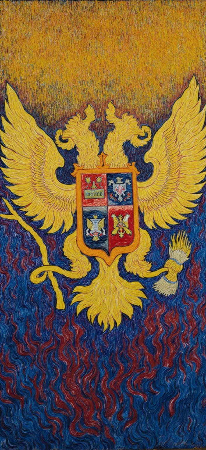 van_gogh, An exquisite painting of the Imperial Russian coat of arms is portrayed with a captivating and dynamic energy. The artwork is brought to life with an intense color palette, bursting with vivid, rich hues that create a powerful visual impact. The coat of arms stands prominently at the center against a backdrop of bold complementary colors, such as deep blues intermingling with fiery oranges, and vibrant yellows contrasted against regal purples. This dramatic interplay of colors not only accentuates the coat of arms' intricate details but also imbues the image with a pulsating sense of motion.
The brushwork is vigorous and expressive, featuring thick, impasto layers that add a tangible texture to the piece. Energetic, swirling brushstrokes create curly, flame-like patterns that wrap around the coat of arms, enhancing its majestic aura and adding a rhythmic flow to the composition. This dynamic approach brings a sense of life and movement to the emblem, transforming it into a grand spectacle.
The painting is infused with raw emotion and urgency, making it not only a representation of the imperial symbol but also a deeply personal and universally compelling artwork. The expressive nature of the brushstrokes and the intense color scheme invite viewers to explore the emotional depth and historical significance of the coat of arms, making it a striking centerpiece for a digital wallpaper.