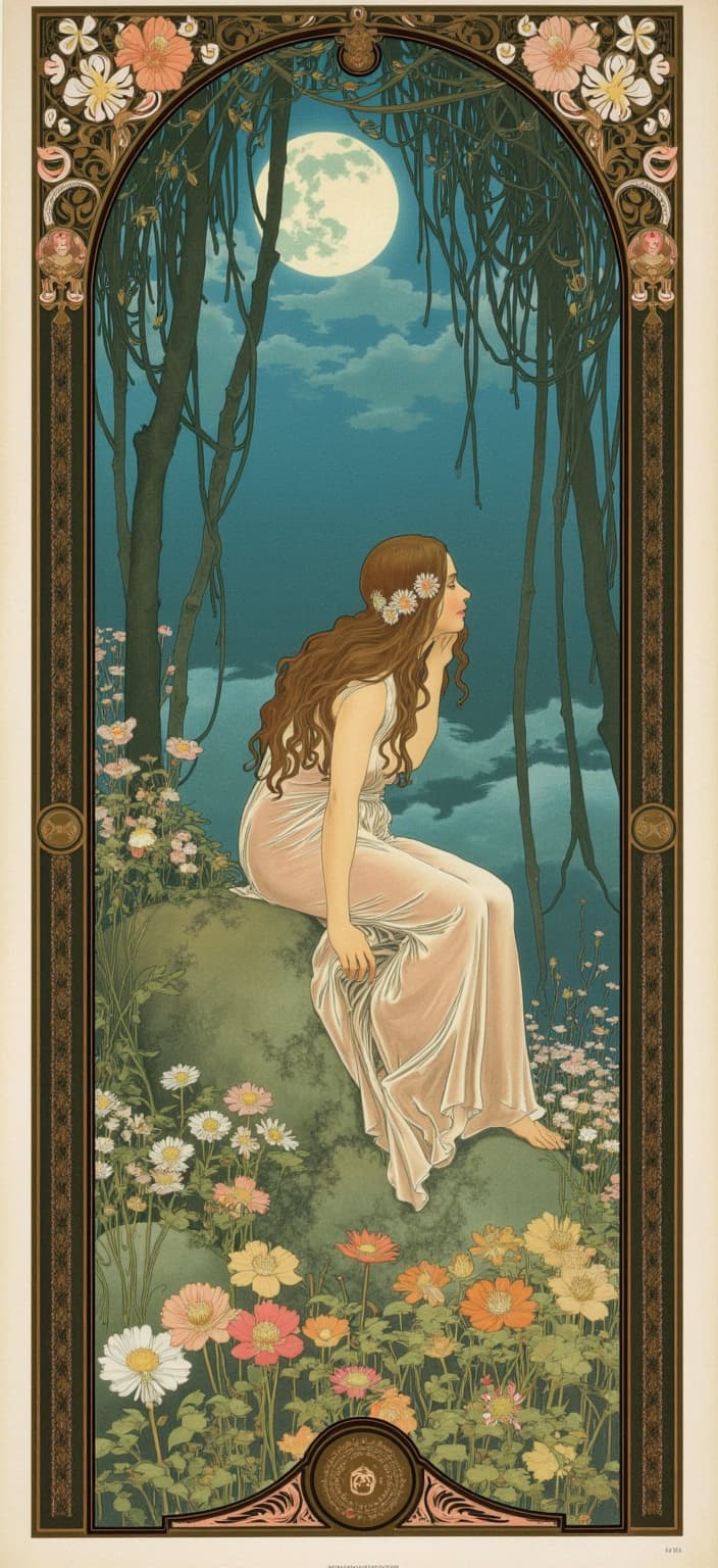 mucha, Envision a captivating painting of a girl serenely sitting atop a gently sloping hill under the cloak of night, surrounded by an enchanting forest. Above her, the luminous blue moon casts its ethereal glow, illuminating the scene with a soft, mystical aura. The forest is alive with the intricacy of Art Nouveau style, flourishing with intertwined vines and an abundance of flowers, their petals whispering in the moonlit breeze.
The composition of the painting is dreamlike, where the delicacy of Mucha's influence is palpable—sinuous vines weave through the scene, punctuated by blooming blossoms that seem to dance with delight under the celestial glow. The subtle geometric patterns embedded within the foliage bring a refined ornamental elegance, merging seamlessly with the natural motifs.
The background is a tapestry of highly stylized patterns, echoing a sense of romance and wonder. The scene is encased within an elaborate ornamental frame, reminiscent of a grand Gothic window, its sweeping curves and detailed embellishments crafted with organic patterns, flowers, and celestial symbols. This frame acts as both a visual harmonizer and a portal into this dreamlike realm, where the boundaries between nature and human emotion blur beautifully.
The entire composition is centered, ensuring a crisp, clean appearance ideal for a digital wallpaper, inviting viewers to lose themselves in this enchanted, poetic harmony.