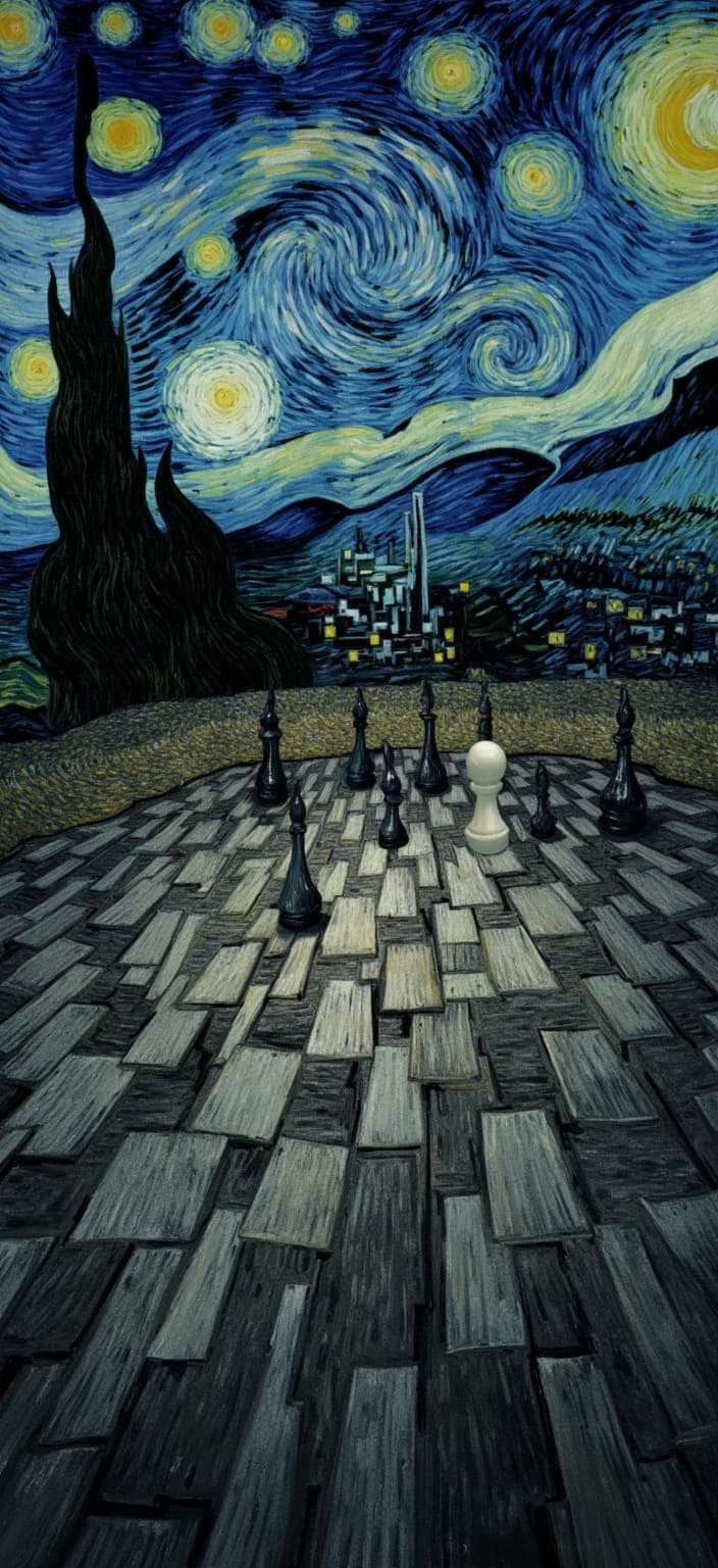 van_gogh, Create a mesmerizing digital wallpaper featuring a dark, moody chessboard set prominently in the foreground. The pieces cast long, dramatic shadows under the ethereal glow of the night sky. Above, the swirling stars and celestial patterns of Van Gogh’s iconic "Starry Night" stretch endlessly, capturing the viewer's imagination. The entire scene is bathed in Van Gogh's expressive post-impressionist style, with its intense color, dynamic brushwork, and deeply evocative compositions.
Utilize a palette of dark, rich colors, focusing on deep blues, midnight blacks, and shadowy grays to evoke a sense of mystery and contemplation. The thick, impasto layers of paint create texture and depth, with the brushstrokes adding a rhythmic energy that seems to animate the chessboard and sky alike. Strategic use of bold complementary colors, such as flashes of deep orange or hints of purple, heightens the visual impact, creating a tapestry of emotion and intensity.
The energetic, swirling patterns of the brushstrokes dance across the canvas, echoing the curly, flame-like forms that characterize Van Gogh’s work. This artistic energy infuses the painting with a raw emotion and urgency, tapping into both personal introspection and universal wonder. The result is a visually striking and emotionally compelling piece, perfectly centered to ensure a crisp, clean appearance as a digital wallpaper, ready to transform any screen into a window to a world where art and imagination intertwine.