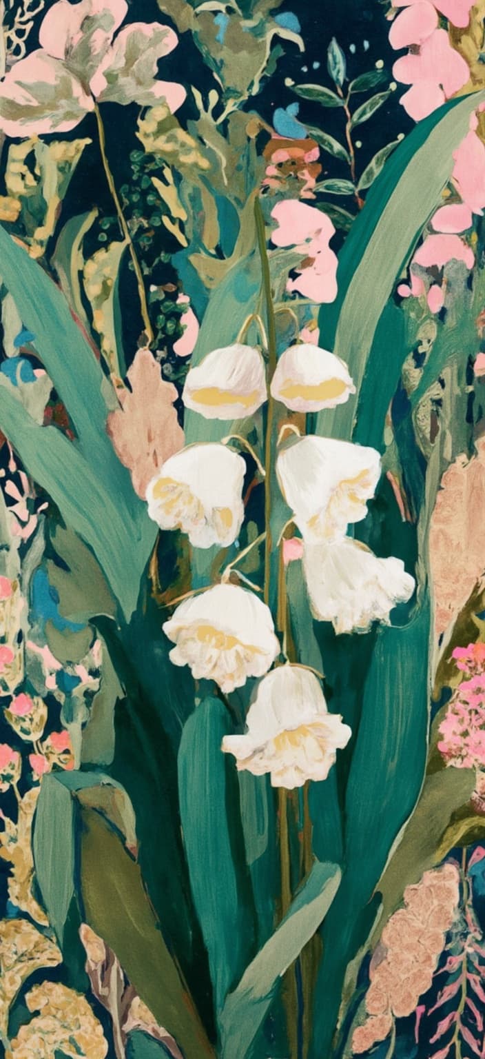 colorful_illustration, Enriched prompt:
Create a stunning digital wallpaper featuring a bouquet of Lily of the Valley in a botanical boho minimalist style. The composition captures the essence of these delicate white flowers, each bell-shaped bloom meticulously detailed to evoke a sense of purity and grace. The flowers are gathered into an elegant arrangement, with their slender green stems and broad leaves adding depth and contrast.
The artwork draws inspiration from a vibrant and colorful illustration style, characterized by a playful, dynamic, and hand-drawn feel. The background is alive with organic shapes, providing a lively yet serene canvas for the bouquet. Scattered decorative elements—such as dots, swirls, and abstract motifs—interweave with various leaves and floral elements, creating a natural, free-flowing quality throughout the design.
Incorporating elements of a lavish, decorative style, the artwork features an intricate composition that seamlessly blends bold organic shapes with delicate details. The luxurious layering of colors and patterns introduces a sense of depth and movement, as if the flowers are gently swaying in a soft breeze.
Drawing from Scandinavian folk art and mid-century botanical prints, the organic shapes and radial floral patterns enrich the scene with a harmonious, hand-drawn feel. The overall design maintains a crisp and clean appearance, perfectly suited for printing as a digital wallpaper. This ensures the artwork will serve as a captivating and elegant centerpiece on any digital device, bringing a touch of natural beauty and sophistication to your space.