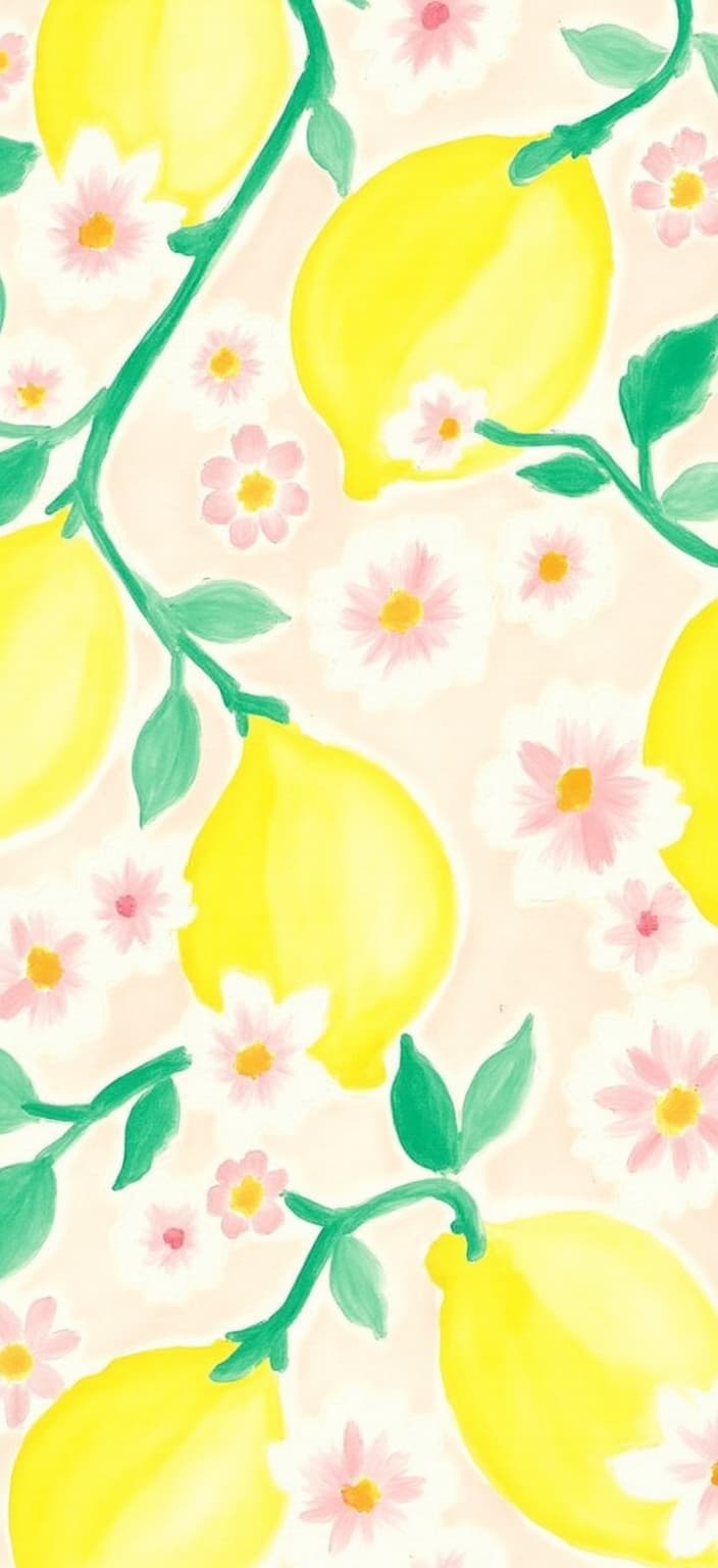 mattise_nice, Create a vibrant and fresh watercolor painting centered around lemons and blossoms, drawing inspiration from Matisse's playful and vivid "Nice" period. The composition features ripe, sun-kissed lemons with their glossy yellow skins gleaming under the soft light, surrounded by a delicate array of white and pink blossoms. The backdrop is a pale yellow, creating a harmonious and cheerful atmosphere that complements the vivid colors of the fruit and flowers. The painting is designed with a modern, clean aesthetic perfect for digital wallpaper, ensuring a crisp and elegant appearance on any screen or print. The arrangement is centered, allowing each element to shine individually while contributing to the overall lively and joyful pattern reminiscent of a sunlit Mediterranean garden.