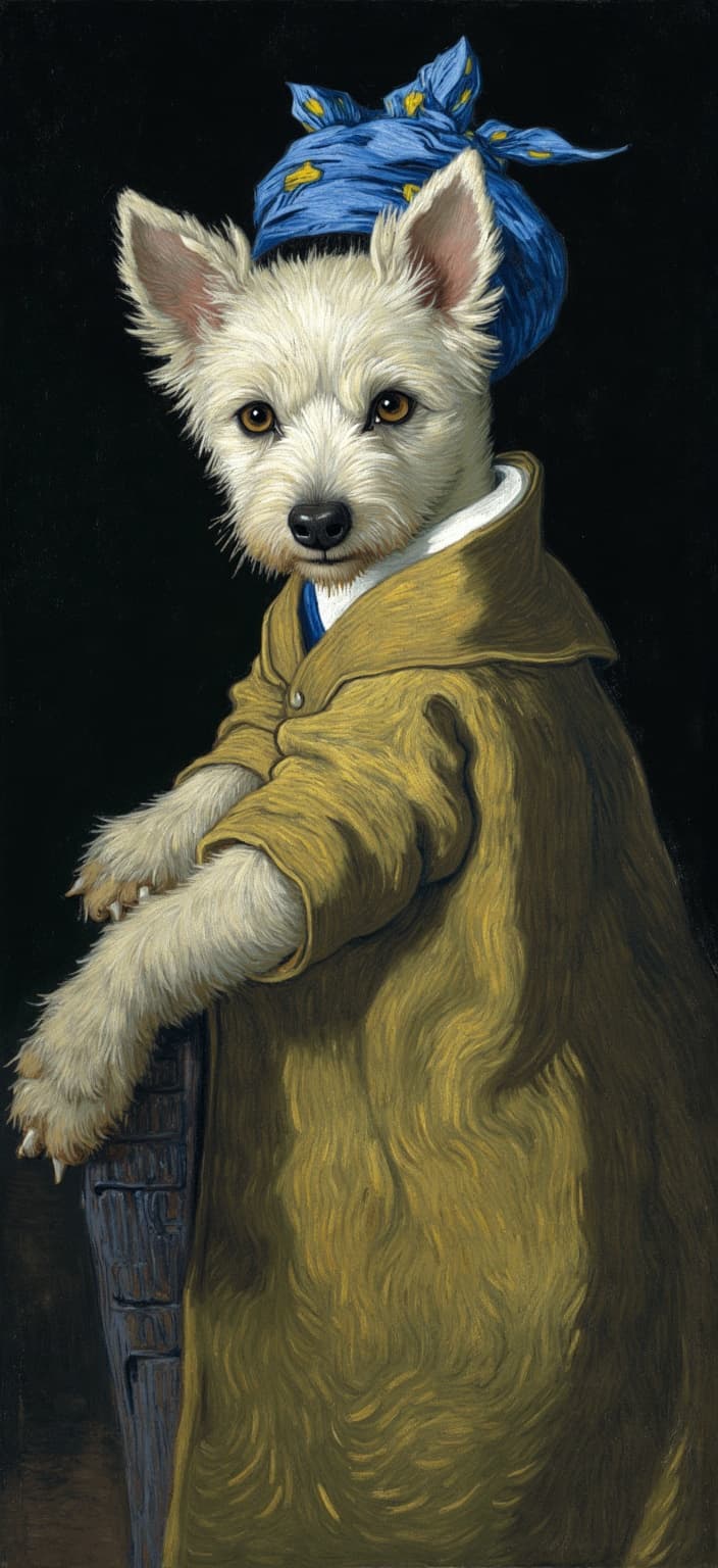 van_gogh, In the center of the digital wallpaper, a West Highland White Terrier takes on an extraordinary transformation, inviting the viewer into a whimsical blend of classic and contemporary art. The small, fluffy dog is adorned with the iconic attire from Vermeer’s ‘Girl with a Pearl Earring,’ exuding an air of sophistication and intrigue. The pup's expressive eyes captivate in a three-quarter pose, drawing the observer into its world, with its gaze veiled in mystery and charm.
A golden-brown cloak drapes gracefully over the terrier's body, flowing with a rich texture that echoes the elegance of Dutch Baroque realism. The large blue and yellow headscarf, tied with deliberate precision, amplifies the dog's regal aura, while a shiny pearl earring dangles delicately from its ear, completing the classic ensemble with a touch of timeless beauty.
The painting style takes inspiration from an intense, emotionally charged palette that breathes life into the scene. Vivid, rich colors of deep blues and warm browns merge with the moody background, applied in thick, impasto layers. This technique creates a sense of depth and movement, highlighting the terrier against the dark backdrop with bold, expressive brushstrokes.
The energetic brushwork swirls around the figure, with patterns that mimic flames, imbuing the painting with vibrancy and rhythm. Bold complementary contrasts of color, such as the blue of the headscarf against the warm tones of the cloak, enhance visual impact and intensity, drawing the observer deeper into the artwork's narrative.
Overall, this digital wallpaper, set for display with a crisp, clean look, embodies a unique fusion of classical elegance and dynamic, modern expressiveness, making it an enchanting addition to any collection.