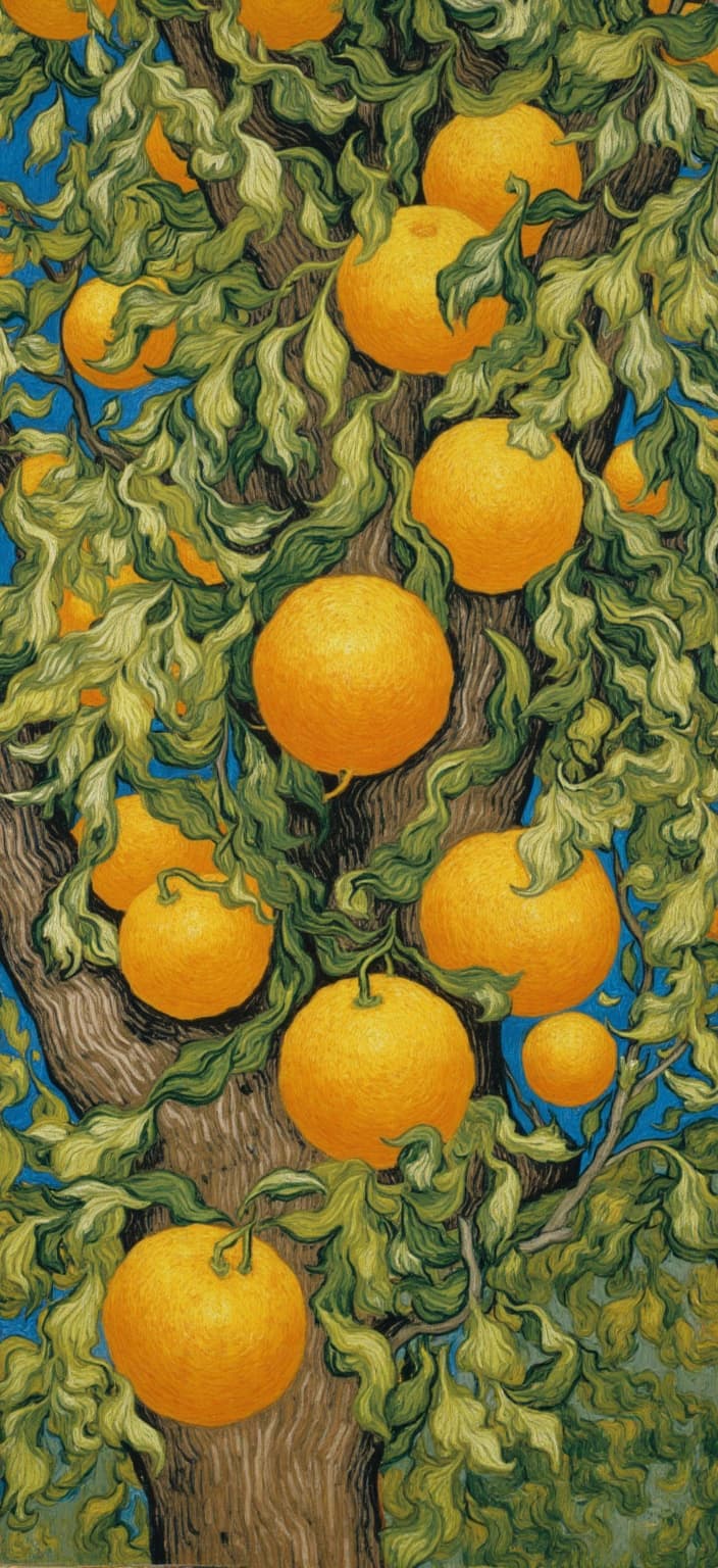 van_gogh, A vibrant and emotionally charged painting of oranges hanging from a tree is bathed in golden sunlight, filtering through the lush green leaves with a distinct Mediterranean aesthetic. The scene is brought to life with intense color and dynamic brushwork, reminiscent of an impassioned, expressive style. Vivid, rich colors are applied in thick, impasto layers, creating a palpable sense of movement and emotional depth. In the composition, bold complementary color contrasts, such as the vivid blues and vibrant oranges of the sky and fruits, heighten the visual impact and intensity of the scene. The loose and energetic brushstrokes form swirling, flame-like patterns, infusing a rhythmic, almost pulsating quality into the painting. These dynamic touches, combined with vigorous, linear patterns, evoke a unique sense of motion, life, and urgency. The artwork becomes both deeply personal and universally compelling, embodying raw emotion suitable for a digital wallpaper, centered to ensure a crisp, clean look perfect for a digital canvas.