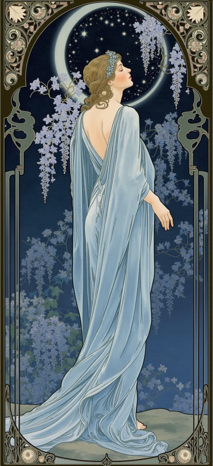mucha, In a captivating Alphonse Mucha-inspired digital wallpaper, the scene unfolds on a mystical spring night where a mysterious figure stands as the centerpiece, draped in ethereal robes of deep blue and shimmering silver. The figure exudes an enigmatic aura, their form partially illuminated by the gentle glow of a crescent moon suspended in a sky teeming with twinkling stars. Wisteria and night-blooming jasmine, their fragrances seemingly wafting through the air, entwine themselves around the scene, their delicate blossoms echoing the tranquility of the night.
The painting is rendered in Mucha's signature style, characterized by flowing, organic lines and intricate decorative patterns that breathe life into the composition. The harmonious blend of natural motifs—flowers, vines, and celestial elements—comes alive against a highly stylized background that evokes a dreamlike, romantic aesthetic. Subtle yet exquisite colors, a hallmark of Mucha's palette, suffuse the image, while exuberant floral motifs composed of sinuous vines and blooming flowers embellish the scene with a refined, ornamental quality.
Enclosing this nighttime tableau is an elaborate ornamental frame, its intricate design reminiscent of a grand Gothic window. Sweeping curves and detailed embellishments create a visual continuity, while organic patterns, flowers, and celestial symbols within the border enhance its role as both a visual unifier and a gateway into a poetic realm. Here, nature and human emotion merge in harmonious poetry, with the entire composition offering a serene yet captivating visual experience suitable for digital wallpaper, inviting viewers to lose themselves in its tranquil beauty.