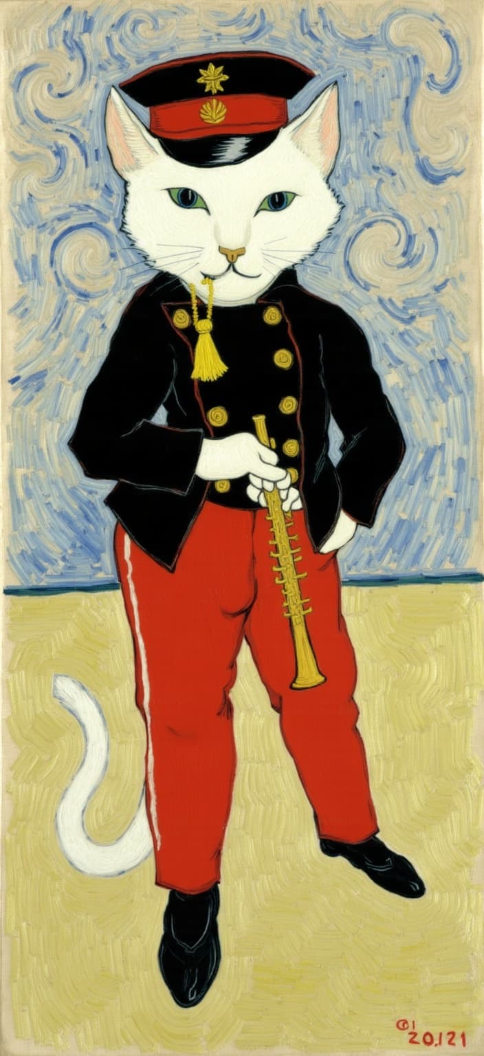van_gogh, Enriched prompt: Imagine a captivating digital wallpaper that showcases a whimsical and charming scene: a white cartoon-style cat standing upright against a neutral, textured background. The cat is adorned in a stylized version of the iconic military uniform from Manet’s ‘The Fifer’, exuding a sense of playful authority and elegance. Its attire includes a striking red and black military hat adorned with a vibrant yellow tassel, a sleek black jacket highlighted with shining gold buttons, and bright red trousers adorned with bold black stripes. The feline character endearingly clutches a golden flute, its left paw confidently forward and right paw offering gentle support, while its long tail gracefully curves behind, adding a touch of fluidity and balance to the composition.
The painting draws inspiration from an art style characterized by intense color, dynamic brushwork, and bold, expressive compositions. Imagine vivid, rich colors applied in thick, impasto layers, capturing a sense of movement and emotional depth. The background features bold complementary color contrasts, perhaps hints of blue and orange, or yellow and purple, crafted to heighten the visual impact and intensity. Brushstrokes are executed with a loose, energetic, and swirling motion, emulating curly, flame-like patterns that imbue the artwork with a rhythmic, pulsating quality. This dynamic approach, infused with raw emotion and urgency, lends a unique vitality and life to the scene, making it both deeply personal and universally compelling. The overall effect is a charming and delightful piece of art, ensuring a crisp, clean look that is perfect for a digital wallpaper.