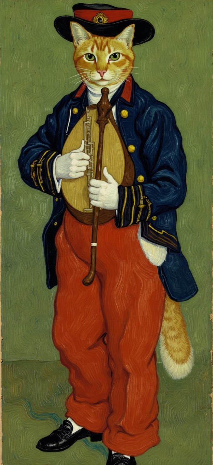 van_gogh, A captivating digital wallpaper centers around an orange tabby cat embodying the sophistication and poise reminiscent of a 19th-century military band member. Dressed in an intricately designed ensemble inspired by Édouard Manet’s ‘The Fifer’, the cat stands proudly, exuding an aura of calm confidence. Its attire is meticulously detailed, featuring bright red trousers paired with a dark navy jacket adorned with gleaming gold buttons, capturing the essence of traditional military elegance. Atop its head sits a finely crafted military-style hat, embellished with striking red, black, and gold accents, adding to its distinguished appearance.
In its paws, the cat holds a flute with precision, contrasting the horizontal lines of the instrument with the flowing lines of its own fur. The left paw primarily supports the lute, with the right hand and paw positioned on the viewer’s right, creating a dynamic visual tension. The cat’s tail, elegantly curved, peeks out from behind, adding a playful yet regal element. Its expression is one of serene dignity, inviting the viewer into its world of quiet strength.
The background is a rich olive green, painted in the mesmerizing style of classical oil paintings. This backdrop, imbued with soft shadows and textured nuances, perfectly complements the cat's attire. The overall composition draws inspiration from an evocative style characterized by intense color and dynamic brushwork. Vivid, rich shades are applied in thick, impasto layers, creating a canvas alive with movement and emotional depth. Bold complementary color contrasts, like blue and orange, heighten visual impact and intensity.
The brushstrokes are loose and energetic, swirling delicately around the subject like flame-like patterns, infusing the scene with a rhythmic, almost pulsating quality. This dynamic touch brings an extraordinary sense of motion and life, making the artwork deeply personal yet universally compelling. Ideal for a digital wallpaper, this piece ensures a crisp, clean look suitable for display, capturing the viewer's attention with its blend of historical charm and modern artistry.