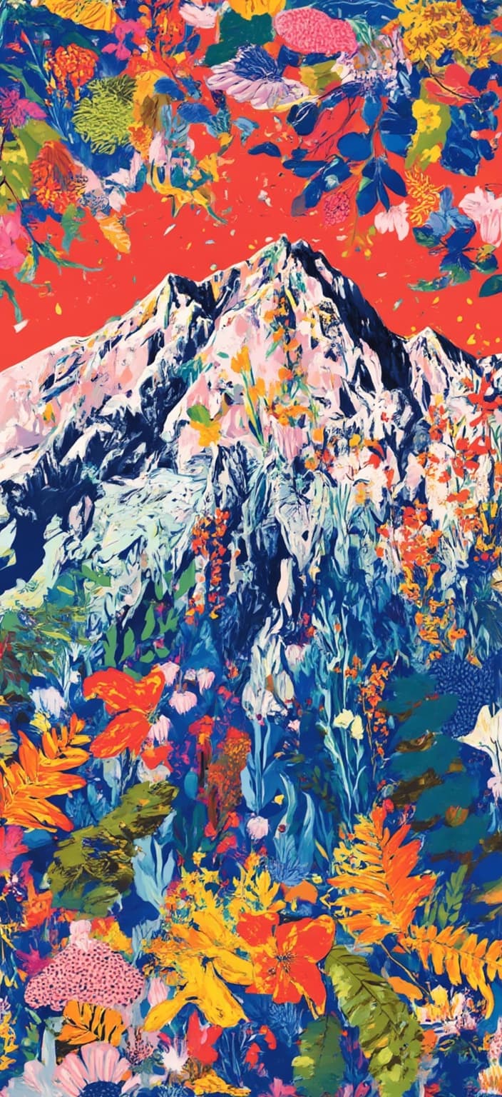 colorful_illustration, A vibrant and colorful illustration capturing the majestic beauty of Mount Everest, designed with a playful and dynamic hand-drawn feel. The towering peaks of the world's highest mountain are depicted with intricate detail, showcasing the rugged textures and snow-capped summits that define its iconic silhouette. The background is a lively tapestry of organic shapes and scattered decorative elements, infused with an array of various leaves and floral elements that harmoniously cascade across the canvas. These botanical motifs add a natural, free-flowing quality, enriching the composition with a sense of movement and depth.
Drawing inspiration from the lavish and decorative style, the artwork intricately blends bold organic shapes with delicate details. Scattered ornamental elements like dots, swirls, and abstract motifs create an intricate and ornate composition, reminiscent of Scandinavian folk art and mid-century botanical prints. This luxurious layering of colors and patterns evokes a sense of richness and dynamism, inviting the viewer into a captivating visual journey.
The image is centered to ensure a crisp, clean look, making it perfectly suited for printing as a digital wallpaper. The serene yet powerful presence of Mount Everest is complemented by the vibrant and harmonious design elements, crafting a masterpiece that celebrates both the grandeur of nature and the elegance of artistic expression.