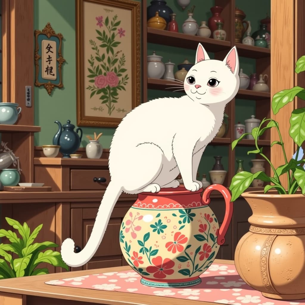 ghibli_illustration, In a serene and whimsical setting, the image showcases a charming white cat perched gracefully atop an intricately designed vase. The scene is imbued with a sense of nostalgia and dreamlike quality, reminiscent of hand-drawn animation. The richly detailed background hums with life, featuring everyday objects and textures that are meticulously rendered, inviting a sense of tangibility and warmth. The atmosphere is bathed in warm, natural lighting, casting a cozy and inviting mood across the scene.
The white cat, with its expressive character design, is the heart of the composition, its fur softly detailed with subtle imperfections that add to the organic feel of the artwork. It gazes out with animated curiosity, its presence both whimsical and joyful. The bright colors are vivid yet slightly muted, steering clear of harsh contrasts, which enhances the painting's nostalgic quality.
The texture of the artwork is painterly, with a hand-drawn feel enhanced by delicate pencil sketches and subtle imperfections that suggest organic movement. This art piece is centered, ensuring a crisp, clean look perfect for wall art, making it a captivating focal point in any room. The overall composition captures a moment of peaceful wonder, drawing the viewer into its richly detailed world.