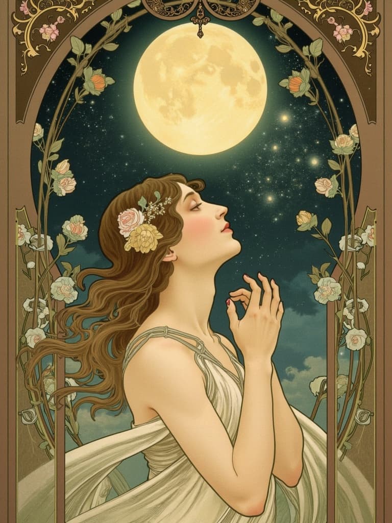 mucha, In this captivating digital wallpaper, a young woman stands centrally within the composition, her gaze directed upwards toward the vast night sky. Her expression conveys a sense of wonder and introspection as she beholds the luminous full moon, which casts a gentle, ethereal glow across the scene. The night is deep and dark, yet illuminated by the shimmering moonlight that dances upon her serene features.
The artwork is infused with the flowing, organic lines characteristic of the style, intertwining intricate decorative patterns that swirl around the woman like a gentle breeze. Her surroundings are a harmonious tapestry of natural motifs, with delicate flowers and sinuous vines weaving around her, creating an aura of enchantment. Celestial elements such as stars and soft nebulae are subtly incorporated, enhancing the dreamlike, romantic aesthetic of the piece.
The background is highly stylized, a realm where art and design converge seamlessly. The palette consists of delicate, muted colors—soft pastels and gentle earth tones—that evoke a sense of tranquility and refined beauty. The exuberant floral motifs, composed of blooming flowers and subtle geometric patterns, add an ornamental quality to the scene, reminiscent of Mucha’s signature artistry.
Encircling the entire scene is an elaborate ornamental frame, akin to a majestic Gothic window. Its sweeping curves and detailed embellishments, adorned with organic patterns, flowers, and celestial symbols, not only unify the composition but also serve as a gateway into this poetic realm. Within this artful border, nature and human emotion intertwine in a serene dance, inviting viewers into a world where dreams and reality blend in perfect harmony. This mesmerizing digital wallpaper not only captures the imagination but also serves as a stunning visual centerpiece, ideal for transforming any space into a sanctuary of artistic elegance.