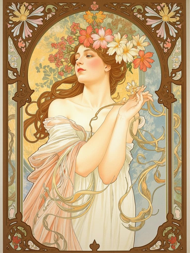 mucha, The painting captures an ethereal vision of elegance and beauty, centered perfectly to create a stunning piece of wall art. At the heart of the composition is a graceful woman, her flowing hair cascading like a river of silk, interwoven with vibrant blossoms of various hues. Each strand of her hair seems to dance in harmony with the surrounding flora, creating a rhythmic symphony of movement.
The style is inspired by the flowing, organic lines and intricate decorative patterns synonymous with the masterful artistry of Mucha. Her serene expression invites the viewer into a dreamlike world, where her surroundings echo with the harmonious blend of natural motifs—delicate flowers, winding vines, and the subtle glint of celestial elements twinkling in the background.
The background is a tapestry of stylized natural forms and intricate designs, evoking a romantic aesthetic that seamlessly merges fine art with design. The color palette is a refined blend of pastels and muted tones, punctuated by bursts of exuberant floral motifs. The sinuous vines and blooming flowers weave through subtle geometric patterns, enriching the scene with a refined, ornamental quality.
Encasing this visual symphony is an elaborate ornamental frame, reminiscent of a grand Gothic window. Its sweeping curves and meticulous embellishments draw inspiration from nature's own artistry, adorned with organic patterns, flowers, and celestial symbols. This intricate border serves as both a visual unifier and a gateway into a realm where nature and human emotion intertwine in profound poetic harmony. The entire composition is a testament to the elegance and beauty of the natural world, captured in a style that is both timeless and enchanting—perfectly suited for a centerpiece in any refined space.
