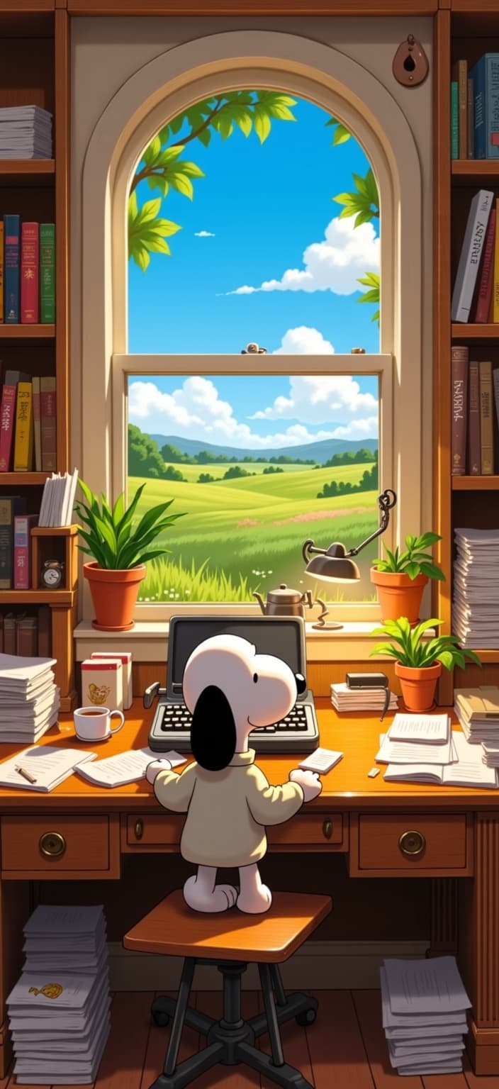 ghibli_illustration, The image portrays Snoopy, the beloved beagle, engrossed in his work at a desk. The setting is reminiscent of an animated wonderland, where each element is alive with detail and charm. Snoopy, with his familiar floppy ears and endearing expression, is meticulously rendered to capture his whimsical essence.
He sits at a wooden desk cluttered with everyday objects like a vintage typewriter, stacks of papers, a steaming cup of coffee, and a desk lamp casting a warm glow. Each item is intricately detailed, embodying a lived-in quality that draws viewers into the scene. The hand-drawn animation style breathes life into the textures, with the pencil sketches subtly adding imperfections that enhance the authenticity and warmth of the piece.
The background is a richly detailed tapestry of Snoopy's cozy room, bathed in a warm, natural light that creates an inviting atmosphere. Bookshelves filled with colorful spines and potted plants add depth and character, while the window reveals a dreamy outdoor scene, painted in bright yet slightly muted colors to maintain a nostalgic and soothing tone.
The soft, painterly textures give the image a huggable quality, with the colors avoiding harsh contrasts to blend seamlessly into a dreamlike landscape. Each element, from the folds of Snoopy's sweater to the wooden grain of the desk, is vividly rendered, inviting a tactile experience that feels both nostalgic and contemporary.
Centered perfectly, the composition ensures Snoopy is the focal point, clearly visible and accurately proportioned, making this digital wallpaper an ideal piece for those seeking a whimsical yet serene addition to their space.
