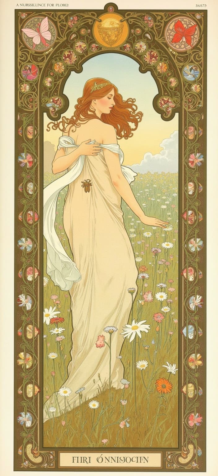 mucha, In the center of this digital wallpaper, a barefoot fairy gracefully strolls through a lush wildflower field, exuding an ethereal presence. Her long gown, trailing behind like flowing silk, is ornately adorned with embroidered daisies and dandelions, reflecting the delicate touch of nature’s embrace. Accompanying her are fluttering butterflies and buzzing bees, adding life and movement to the serene scene.
The painting draws inspiration from a style characterized by flowing, organic lines and intricate decorative patterns. The harmonious blend of natural motifs, including flowers, vines, and celestial elements, creates a dreamlike, romantic aesthetic. The background is highly stylized, reminiscent of Mucha’s signature approach, with delicate colors and exuberant floral motifs seamlessly merging fine art with design.
The composition is enriched with sinuous vines, blooming flowers, and subtle geometric patterns, enhancing the painting with a refined, ornamental quality. The entire scene is enclosed within an elaborate ornamental frame, its sweeping curves and detailed embellishments reminiscent of a grand Gothic window. This intricate border, adorned with organic patterns, flowers, and celestial symbols, serves as a visual gateway into a dreamlike realm where nature and human emotion intertwine in poetic harmony. Perfectly centered, this art print is tailored for digital wallpaper, ensuring a crisp, clean look ready to grace any digital device with its enchanting allure.