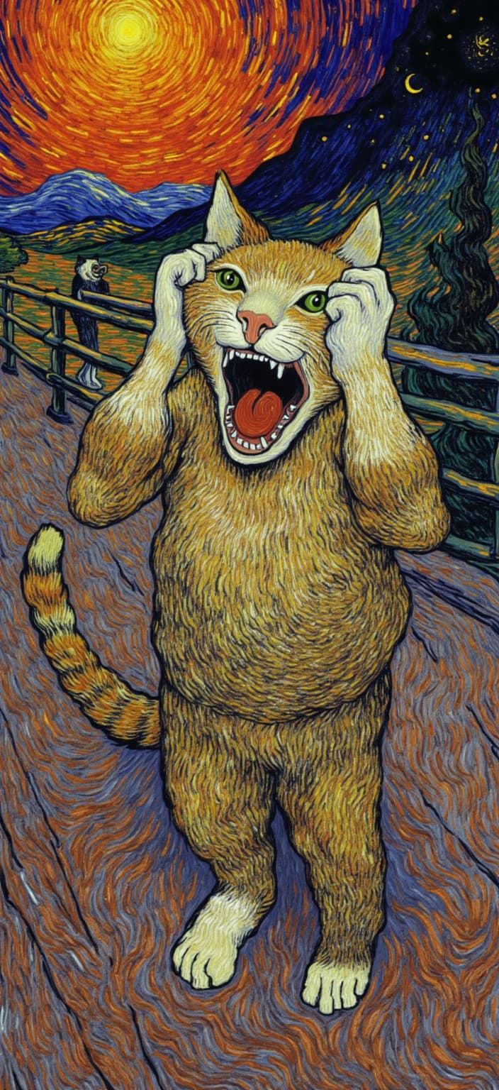 van_gogh, In this captivating digital wallpaper, a surprised, wide-eyed cat takes center stage, standing on a bridge with its mouth open in a dramatic scream, reminiscent of the iconic composition of Edvard Munch's 'The Scream'. The feline's front view features an exaggerated expression, with its paws covering both ears in a gesture of humorous despair. Painted in a stylized manner akin to an oil painting, every detail is accentuated to convey a dramatic, surreal, and humorous atmosphere.
The background is a mesmerizing swirl of intense colors, capturing a sunset sky in vivid orange, purple, and blue tones. The expressive brushstrokes, a hallmark of the chosen style, add a sense of movement and emotional depth, as they weave a tapestry of color across the sky. The bold complementary color contrasts heighten the visual impact and intensity of the scene, with blue and orange, along with yellow and purple, dancing in dynamic harmony.
Each brushstroke is applied in thick, impasto layers, giving the painting a tactile, almost three-dimensional quality. The loose, energetic, and swirling patterns echo the cat's dramatic pose, with curly, flame-like brushstrokes that imbue the composition with a rhythmic, pulsating energy. This dynamic touch, combined with vigorous, linear patterns, creates a unique sense of motion and life, drawing the viewer into the raw emotion and urgency of the scene.
This artwork transcends the ordinary, offering a deeply personal and universally compelling piece perfect for a digital wallpaper. It captures the essence of the style with an engaging blend of humor and intensity, ensuring a crisp, clean look that will transform any digital space.