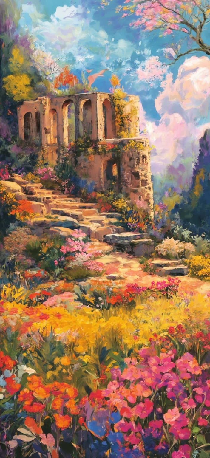 colorful_illustration, This enchanting digital artwork transports viewers to a serene and mystical world, where the peaceful ruins of Tel Mageddon sit gracefully amid lush, tranquil meadows. The scene captures the essence of anime, blending a sense of adventure with calm and contemplation. The ruins, ancient and mysterious, are intricately detailed, with weathered stones and overgrown vines that suggest a history long forgotten.
Painted in a vibrant and colorful illustration style, the artwork is imbued with a playful, dynamic, and hand-drawn feel. The background bursts with organic shapes and scattered decorative elements, as if nature itself is reclaiming the space. Various leaves and floral elements are arranged harmoniously across the canvas, creating a natural, free-flowing quality reminiscent of a paradise untouched by time.
The image draws inspiration from a lavish, decorative style, presenting an intricate composition that blends bold organic shapes with delicate details. Scattered ornamental elements, like dots, swirls, and abstract motifs, add to the magical atmosphere, dancing across the scene with a sense of rhythm and whimsy. The luxurious layering of colors and patterns creates a remarkable depth and movement, inviting the viewer to explore further into this captivating world.
The artwork beautifully incorporates organic shapes and radial floral patterns, creating a harmonious and hand-drawn ambiance. It evokes a sense of nostalgia and wonder, reminiscent of Scandinavian folk art and mid-century botanical prints. Centered perfectly, this image is tailored for a digital wallpaper, ensuring a crisp and clean look that will bring an enchanting touch to any digital setting.