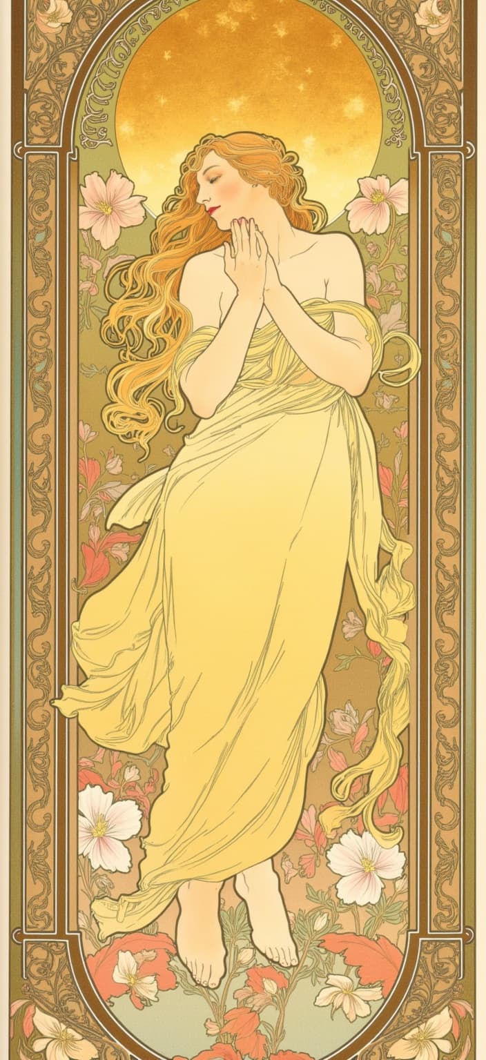 mucha, Create an exquisite digital wallpaper centered around a serene depiction of a yellow cat and a moon, styled meticulously to evoke a dreamy, romantic aesthetic. The central composition features a graceful yellow cat, its form elegantly flowing in harmony with the lush, organic lines that define its posture. The cat's fur, rendered in delicate colors, seems almost ethereal, as if cast in a gentle lunar glow. Above, a luminous moon casts its soft light, surrounded by celestial elements subtly interwoven into the scene, adding a mystical aura.
Set against a highly stylized background, the scene is alive with intricate decorative patterns, blending vibrant natural motifs such as vines and blooming flowers. These elements form an exuberant tapestry that surrounds the cat and moon, intricately patterned with sinuous vines and subtle geometric designs. The composition is a seamless merger of fine art and dreamy design, inspired by the decorative elegance characteristic of Mucha's work.
Enclosing this dreamlike tableau is an elaborate ornamental frame, reminiscent of a grand Gothic window. This border, adorned with flowing organic patterns, flowers, and celestial symbols, enhances the romantic allure of the scene. The sweeping curves and detailed embellishments of the frame serve as both a visual unifier and a poetic gateway, inviting viewers into a realm where nature and emotion intertwine. This enchanting depiction is perfectly suited for transformation into a digital wallpaper, ensuring a crisp, clean look that elevates any space with its harmonious beauty.