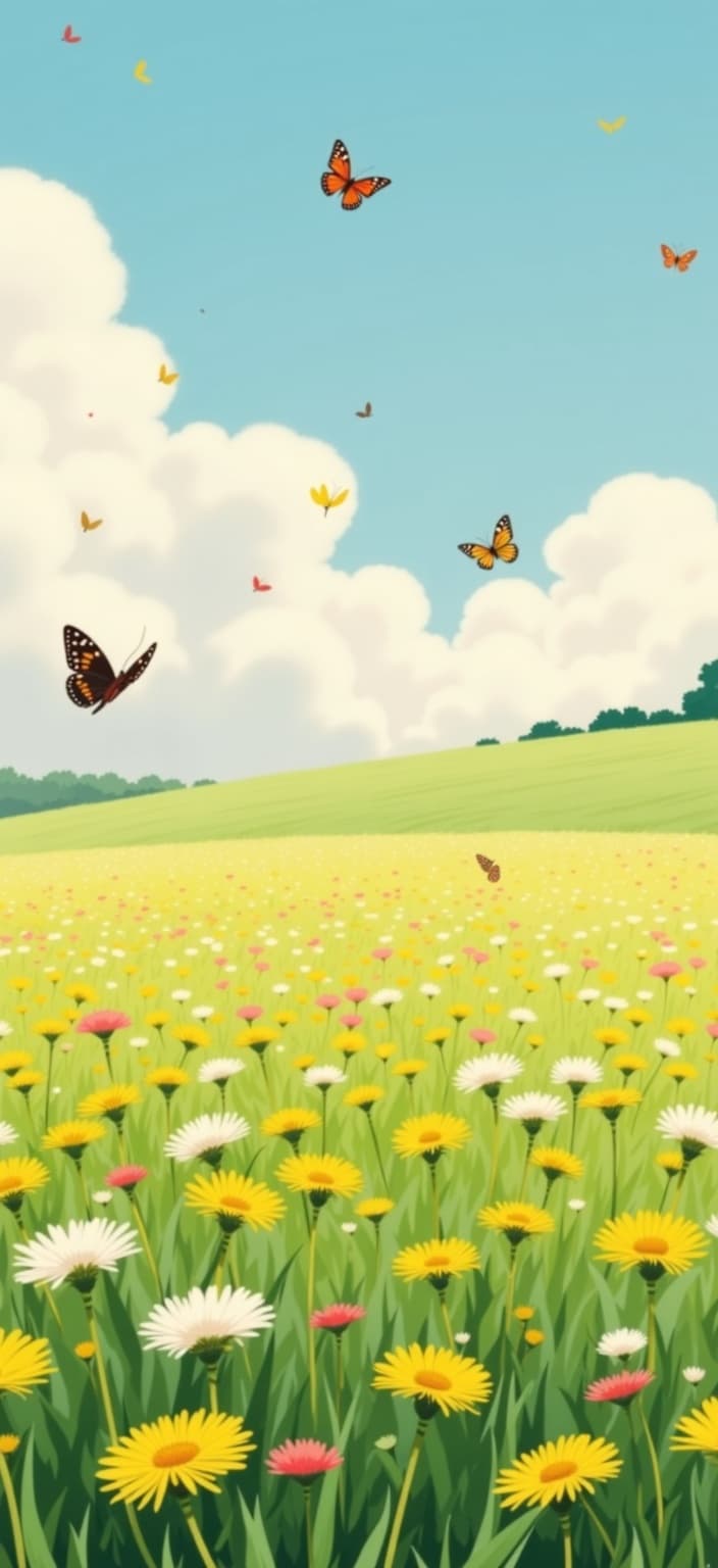 ghibli_illustration, In the center of this enchanting digital wallpaper, a soft meadow stretches out, alive with the gentle fluttering of myriad butterflies and the whimsical dance of dandelion seeds floating through the air. The scene is painted in the style of hand-drawn animation, with richly detailed backgrounds that evoke a sense of nostalgia and wonder. Each element, from the delicate wings of the butterflies to the fluffy heads of the dandelions, is rendered with a painterly texture that captures the essence of organic movement and the subtle imperfections of hand-drawn art.
The meadow is bathed in warm, natural lighting, casting a cozy and inviting glow over the landscape. The color palette is vivid yet slightly muted, featuring bright pastels that interweave to maintain a dreamy, nostalgic atmosphere. This soft color scheme ensures that no harsh contrasts detract from the serene beauty of the scene. The richly detailed background feels alive, with every blade of grass and petal meticulously rendered to create a tangible, lived-in world.
Everyday objects within the scene blend seamlessly into the landscape, their textures carefully depicted to enhance the overall sense of realism. The proportions of the butterflies and dandelions are thoughtfully balanced, making the main subjects stand out clearly against the lush backdrop, while still feeling integral to the harmonious whole. This digital wallpaper captivates the viewer, drawing them into its idyllic world with its expressive charm and whimsical, joyful aesthetic, perfect for bringing a touch of magic and tranquility to any space.