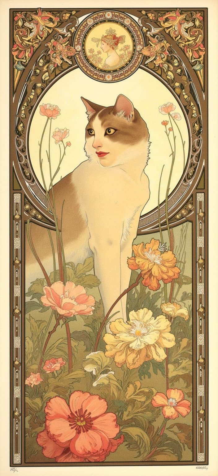 mucha, Enriched prompt: Imagine a captivating painting centered around a graceful cat, elegantly poised amidst an enchanting tapestry of flowing, organic lines and intricate decorative patterns. The composition draws inspiration from the harmonious Art Nouveau style, featuring natural motifs such as flowers, vines, and celestial elements woven seamlessly into the scene, creating a dreamlike, romantic aesthetic. The cat, with fur that echoes the delicate colors characteristic of Mucha’s artistry, sits amidst a garden of sinuous vines and exuberant floral motifs, each bloom rendered with exquisite detail. The background, a highly stylized expanse, merges fine art with design, featuring subtle geometric patterns that enhance the composition with a refined, ornamental quality. Encircling the entire scene is an elaborate ornamental frame, reminiscent of a grand Gothic window, with sweeping curves and intricate embellishments. This magnificent border, adorned with organic patterns, flowers, and celestial symbols, serves as a visual unifier and a gateway into a poetic realm where nature and grace intertwine. The image is centered, capturing every intricate detail, ensuring a crisp and clean aesthetic perfectly suited as a digital wallpaper for those seeking to bring a touch of romantic artistry into their digital space.
