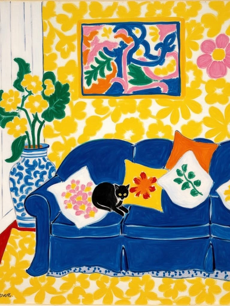 mattise_nice, In the enchanting scene of a Matisse-inspired cozy interior, the canvas bursts with vivid yellow and deep blue tones, creating a harmonious yet bold contrast. At the heart of this composition sits a plush blue sofa, invitingly adorned with a vibrant array of colorful floral and geometric throw pillows. Elegantly perched amidst these lively patterns is a black and white cat, exuding a serene yet regal presence, its gaze captivating and mysterious.
The backdrop is a celebration of bold creativity, featuring a striking yellow floral wallpaper that envelops the room in warmth and cheer. Hanging on this effervescent wall is a captivating art piece, an abstract rendition blending blue and orange shapes that mirror the expressive style of Matisse's Nice period. To the left, a large ceramic vase commands attention, its surface smooth and reflective, standing tall with a bouquet of yellow pom-pom flowers that add layers of texture and depth to the scene.
The floor is a visual delight, covered in a golden-yellow patterned carpet, each thread woven into a tapestry of colorful flowers that echo the richness above. The whole ambiance radiates warmth and expressiveness, crafted in a flat, naive, painterly style that celebrates the essence of Matisse's artistic vision.
This composition, designed as digital wallpaper, is meticulously centered to ensure a crisp, clean aesthetic, making it the perfect choice for those seeking an art piece that brings joy and artistic flair to any space.