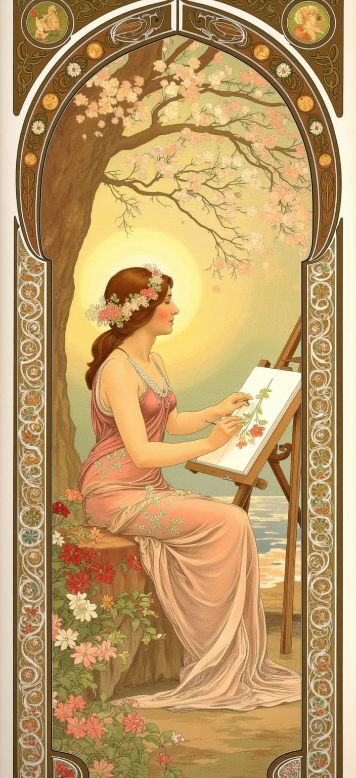 mucha, In the vibrant noon sun, a serene woman sits beneath a blossoming tree, her face illuminated by dappled sunlight filtering through the foliage. She is deeply engrossed in painting on a canvas that rests on an ornate easel. Her robes are adorned with intricate floral patterns, each petal and leaf meticulously detailed, echoing the lushness of the garden that surrounds her. The scene is captured in the ornate, delicate style of Alphonse Mucha, where flowing, organic lines and intricate decorative patterns come alive with a harmonious blend of natural motifs such as flowers, vines, and celestial elements.
The background is highly stylized, creating a dreamlike, romantic aesthetic that seamlessly merges fine art with design. The composition is enriched with Mucha's signature blend of delicate colors, pastel hues interwoven with exuberant floral motifs. Sinuous vines and blooming flowers entwine throughout, alongside subtle geometric patterns, enhancing the composition with a refined, ornamental quality.
The entire scene is enclosed within an elaborate ornamental frame, resembling a grand Gothic window with sweeping curves and detailed embellishments. This intricate border, adorned with organic patterns, flowers, and celestial symbols, serves not only as a visual unifier but also as a gateway into a dreamlike realm where nature and human emotion intertwine in poetic harmony.
This rich tableau, centered perfectly, ensures a crisp, clean look, making it an ideal digital wallpaper. It encapsulates the tranquility and beauty of a solitary, creative moment in a harmonious blend of nature and artistry, inviting viewers to step into a world where imagination blooms as freely as the flowers in this enchanting scene.