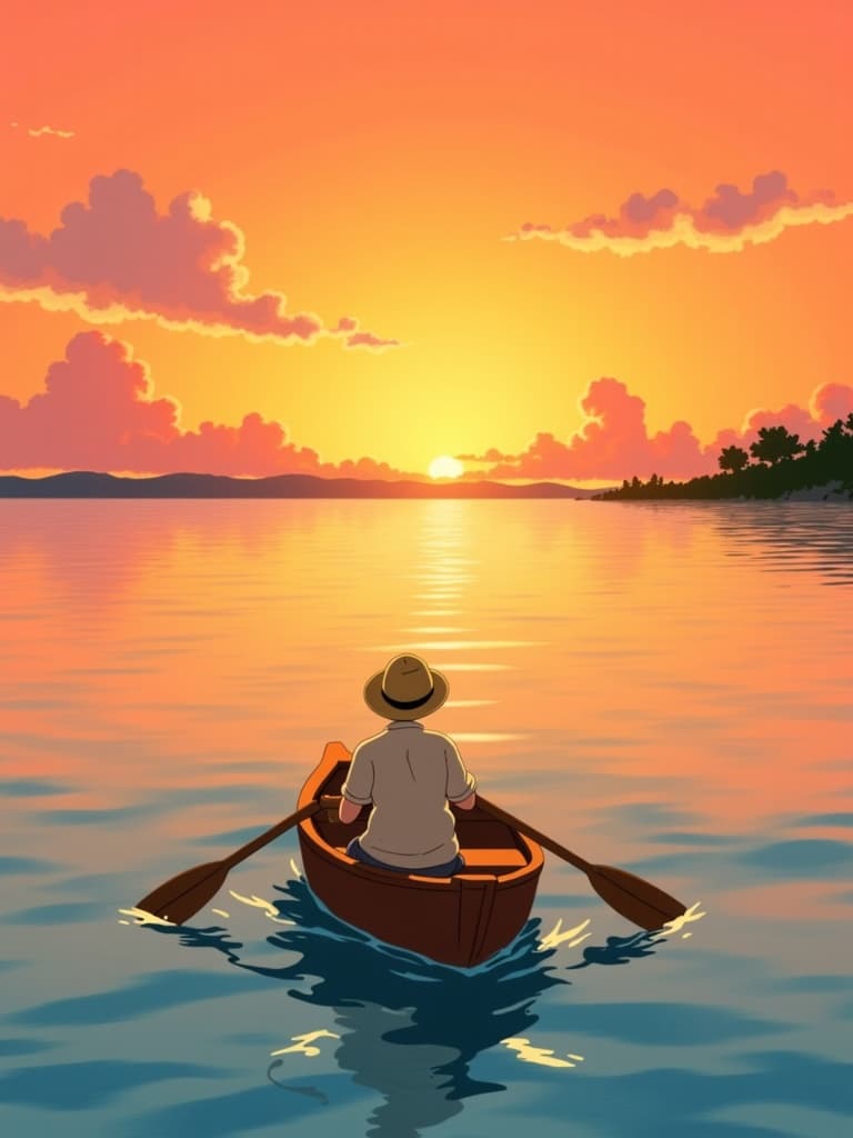 ghibli_illustration, Enriched prompt: Imagine a picturesque scene set on a serene body of water, where a solitary small rowboat gently navigates the waves as they subtly ripple beneath a mesmerizing sunset. The man, viewed from behind, sports a classic straw hat, adding a touch of timeless charm to the composition. Each element in this painting radiates the whimsical and joyful aesthetic of hand-drawn animation. The scene is brought to life with richly detailed backgrounds that evoke a sense of dreamlike nostalgia.
The sky is a symphony of warm, natural hues, casting a golden glow over the water, which reflects the sunset's vivid yet slightly muted colors. The waves dance with organic movement, crafted with soft, painterly textures, capturing the essence of a whimsical journey. The straw hat and the man's silhouette are meticulously rendered with pencil sketch details, their subtle imperfections enhancing the authenticity and lived-in feel of this tranquil moment.
This art piece maintains a cohesive, harmonious balance, with the main subjects proportionately defined and vividly visible against the backdrop of nature's grandeur. The warm, natural lighting infuses the scene with a cozy, inviting mood, transporting the viewer to a world where everyday objects and textures are lovingly depicted. The overall composition ensures a crisp, clean look suitable for printing on digital wallpaper, making it a perfect window into a serene escape with a nostalgic, tender quality.
