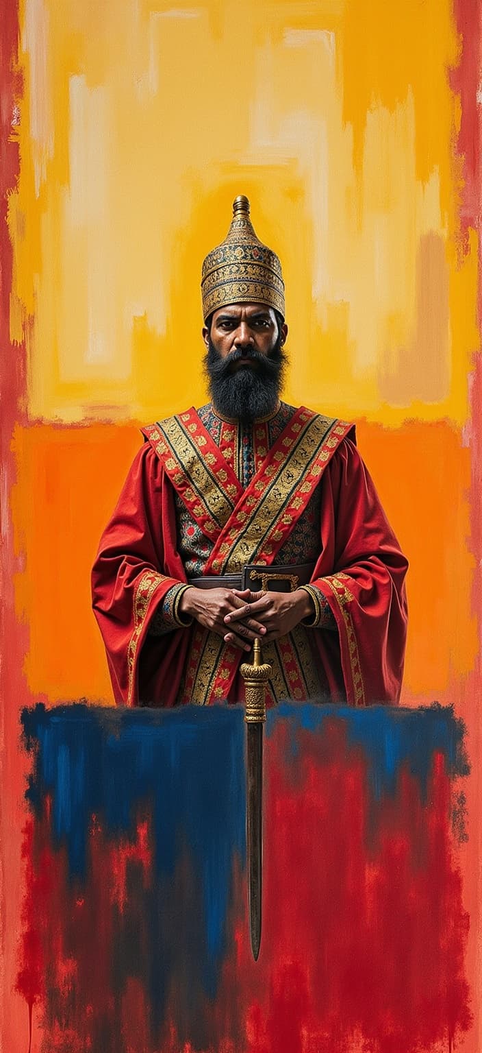 rothko, In the enriched painting, visualize a Turkish soldier from the Ottoman Empire in the midst of battle, capturing a moment of intense action as he triumphs over his adversary. The scene portrays the soldier in ornate traditional Ottoman attire, with vibrant colors and intricate patterns that reflect the grandeur of the period. His expression is focused and determined, representing a historic victory.
This vivid composition is brought to life in a style characterized by complex layering of translucent colors, allowing light to delicately filter through, bathing the scene in a remarkable luminosity. The use of soft-edged rectangles and floating zones of color creates an ethereal backdrop, adding a sense of depth and movement to the artwork. The layers of paint, with blurred boundaries between shapes, give an impression of forms melting and fusing together, embodying the chaos and fluidity of the battlefield.
From a close perspective, the richly varied surfaces reveal paint drips and strokes running in unconventional directions, accentuating the dynamic energy and unpredictability of the moment. This technique creates visual intrigue, while at a distance, the composition harmoniously coalesces, with the soft-edged forms hovering weightlessly across the canvas.
The entire image is meticulously centered to ensure a crisp, clean look, perfectly tailored for printing onto a digital wallpaper, offering a striking blend of historical narrative and contemporary artistic interpretation.