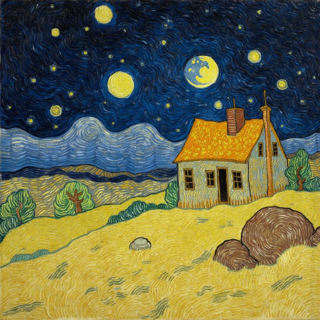 van_gogh, Enriched prompt: Imagine a painting capturing the surreal scene of a house on the moon, depicted with intense color and dynamic brushwork. The house, nestled amid the lunar landscape, is bathed in vivid, rich colors that contrast against the dark expanse of space. The moon's surface is rendered with thick, impasto layers, giving it a tactile, almost tangible feel. The structure of the house appears both solid and dreamlike, its walls and roof painted with bold, expressive compositions that suggest both stability and flux.
The colors are applied with a sense of movement and emotional depth, using bold complementary contrasts like blue against orange and yellow against purple. These contrasts heighten the visual impact and intensity, making the scene both captivating and otherworldly. The brushstrokes are loose, energetic, and swirling, creating curly, flame-like patterns that lend a rhythmic, almost pulsating quality to the composition.
This dynamic touch, along with vigorous, linear patterns, imbues the painting with a unique sense of motion and life, despite the moon's traditionally static environment. The artwork is infused with raw emotion and a sense of urgency, making it not only deeply personal but also universally compelling. Centered perfectly, this image is crisp and clean, making it an ideal digital wallpaper that transports the viewer to an imaginative lunar setting.