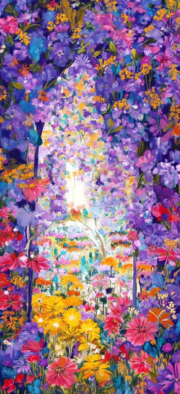 colorful_illustration, Underneath the cascading blossoms of a wisteria pergola, the view is transformed into an enchanting tapestry of soft purples that exude a soothing, dreamy ambiance. The vivid colors dance across the canvas, inspired by a vibrant and colorful illustration style with a playful, dynamic, hand-drawn feel. This painting invites you to gaze upward, where the pergola's lush vines intertwine with organic shapes that weave seamlessly into the background. Scattered decorative elements, including a variety of leaves and floral details, are harmoniously arranged, adding to the natural, free-flowing quality of the design.
The composition is intricate yet lavish, blending bold organic shapes with delicate details that captivate the eye. Dots, swirls, and abstract motifs are scattered throughout the piece, contributing to its ornamental charm. Layers of luxurious colors and patterns overlap, creating a sense of depth and movement that draws you into this peaceful haven. The harmonious radial floral patterns echo the essence of Scandinavian folk art and mid-century botanical prints, imbuing the scene with a timeless elegance.
This artwork captures the serene beauty and intricacy of a hanging wisteria pergola, centered perfectly to enhance its appeal as a digital wallpaper. The combination of lavish design elements and the soft purple tones ensures a crisp, clean look, making it ideal for transforming any digital space into a sanctuary of calm and creativity.
