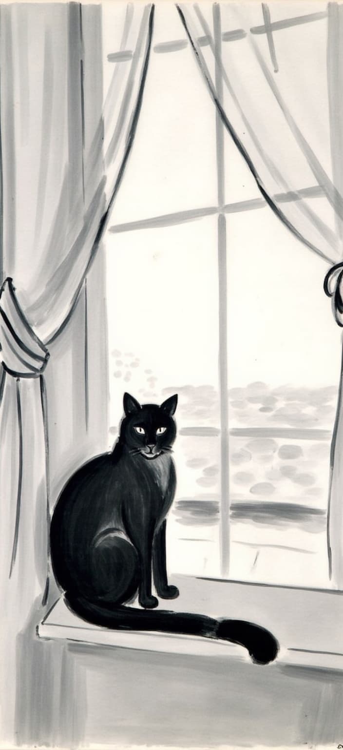 mattise_nice, In this digital wallpaper, a serene monochrome scene unfolds, capturing the essence of Matisse's "Nice" period with its elegant simplicity and expressive forms. A solitary cat, its fur a rich tapestry of charcoal and ebony hues, sits poised and contemplative beside a wide window. The window is adorned with delicate, flowing drapes that echo the soft, organic lines characteristic of Matisse's style. Beyond the window, a glimpse of a dreamy, abstracted skyline suggests a gentle, breezy day, immersing the viewer in a sense of calm and introspection. The composition is centered and balanced, offering a harmonious and crisp visual, perfect for printing as a sophisticated digital wallpaper.