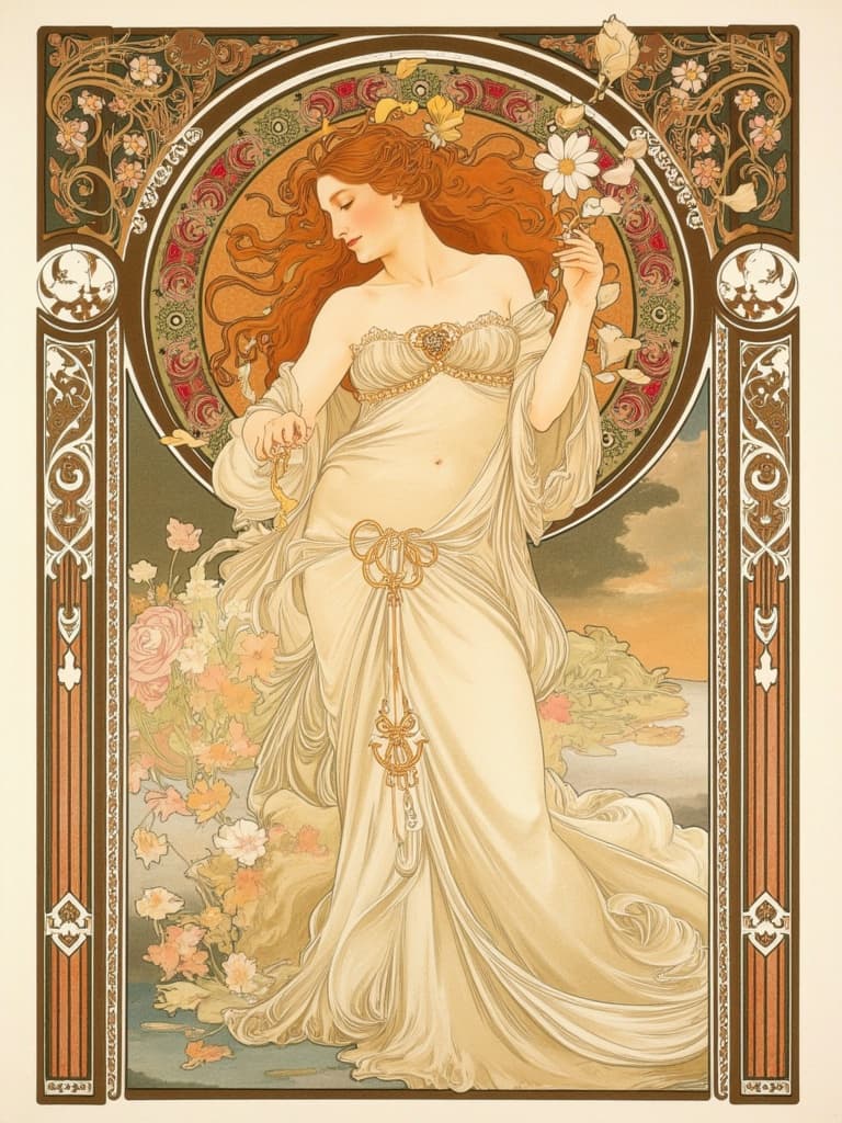 mucha, Create a captivating digital wallpaper centered around a nymph-like female figure, resplendently adorned with ornate decoration. The composition draws heavily from a style characterized by flowing, organic lines and intricate decorative patterns. The scene is a harmonious blend of natural motifs such as flowers, vines, and celestial elements, all set against a highly stylized background that exudes a dreamlike, romantic aesthetic. This artwork mirrors the elegance of Mucha’s masterpiece, featuring a delicate palette of subtle colors and exuberant floral motifs composed of sinuous vines, blooming flowers, and refined geometric patterns.
The central female figure is surrounded by an elaborate ornamental frame, reminiscent of a grand Gothic window. This intricate border is embellished with organic patterns, flowers, and celestial symbols, serving as a visual unifier and a gateway into a poetic realm where nature and human emotion beautifully intertwine. The composition captures the essence of fine art merging seamlessly with design, creating a stunning digital wallpaper ideal for any setting, offering a crisp, clean, and elegant look suitable for printing.