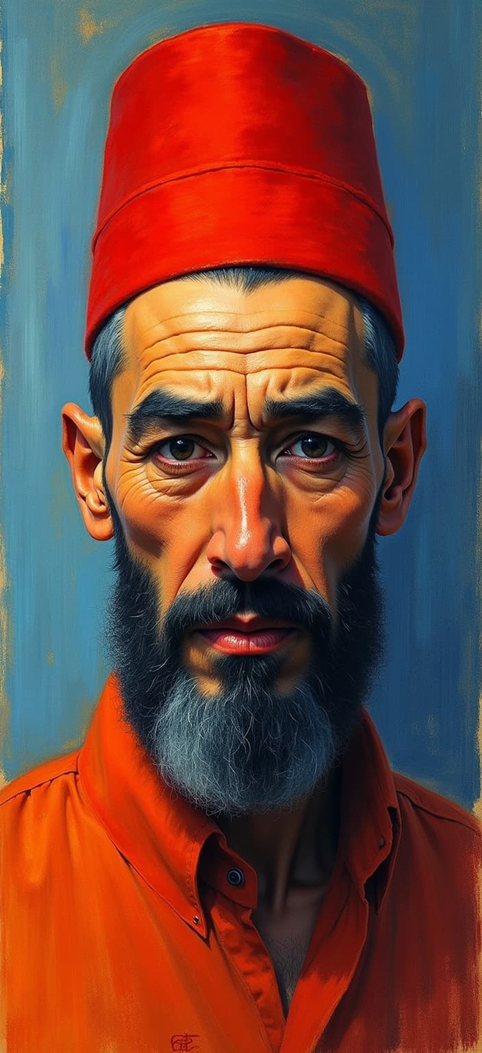 rothko, Create a digital painting of a Turkish man, capturing the essence of his cultural heritage with distinct features that reflect his Turkish identity. The composition should focus on his traditional attire, perhaps incorporating elements like a fez or intricate patterns reminiscent of Ottoman textiles. His expression should convey a sense of pride and wisdom, embodying the rich history and vibrant culture of Turkey.
The painting should be executed in a style characterized by the complex layering of translucent colors, allowing light to filter through and create an appearance of "inner light" and remarkable luminosity. Up close, the colors should seem to melt and fuse, with blurred boundaries that seamlessly blend together. From a distance, the soft-edged shapes and floating zones of color should hover weightlessly, creating a dynamic interplay of hues and tones.
Incorporate richly varied surfaces, where paint drips or strokes run in unconventional directions, adding texture and depth to the piece. This will give the portrait a lively and organic feel, with movement that guides the viewer's eye across the canvas.
The image should be centered and balanced, ensuring a crisp, clean look that is ideal for digital wallpaper, making it a striking and visually engaging piece suitable for display on screens.