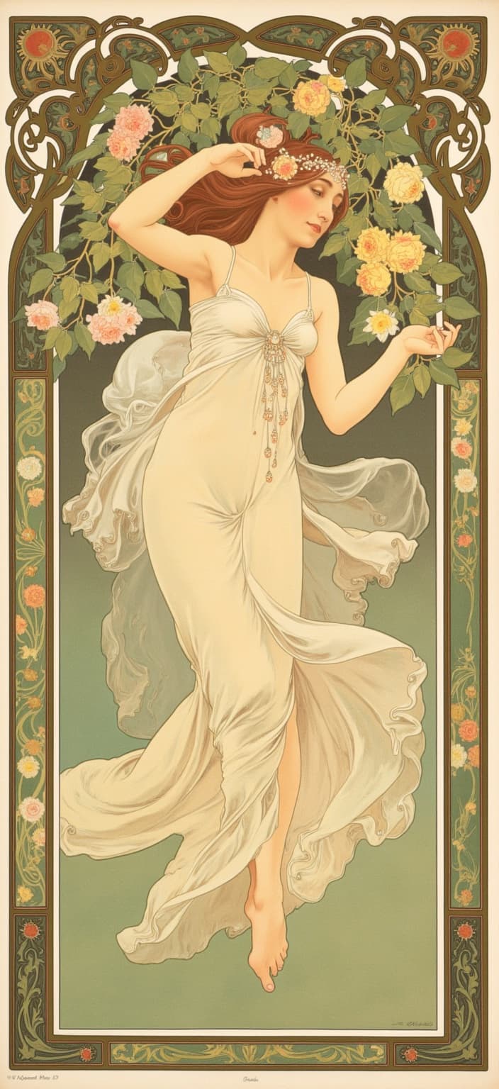 mucha, Create a captivating digital wallpaper inspired by Alphonse Mucha’s Art Nouveau style, featuring a graceful woman dancing barefoot in a vibrant spring garden at dawn. Her movements exude elegance as the first light of day gently illuminates her flowing dress, casting delicate shadows on the lush greenery. She is surrounded by a symphony of blooming flowers, their petals shimmering with morning dew, and a soft, ethereal mist that envelops the garden in a serene embrace.
The painting is characterized by flowing, organic lines and intricate decorative patterns, drawing inspiration from nature’s own harmonious designs. The composition is adorned with a profusion of natural motifs, such as entwined vines and opulent floral displays, which dance across the canvas, creating a dreamlike, romantic aesthetic.
In the background, a highly stylized setting emerges, combining soft pastel colors and exuberant floral motifs, synonymous with Mucha’s signature style. Sinuous vines and subtle geometric patterns interlace with one another, imbuing the scene with a refined, ornamental quality that seamlessly merges fine art with decorative design.
The entire scene is framed within an elaborate ornamental border, reminiscent of a grand Gothic window. Its sweeping curves and detailed embellishments are adorned with organic patterns, interwoven flowers, and celestial symbols. This intricate frame serves as a visual gateway, inviting viewers into a poetic realm where nature and human emotion intertwine with enchanting grace.
This exquisite digital wallpaper is designed to be the perfect centerpiece for any space, capturing the viewer’s imagination with its rich detail and inviting them into a world where beauty, nature, and art are in perfect harmony.