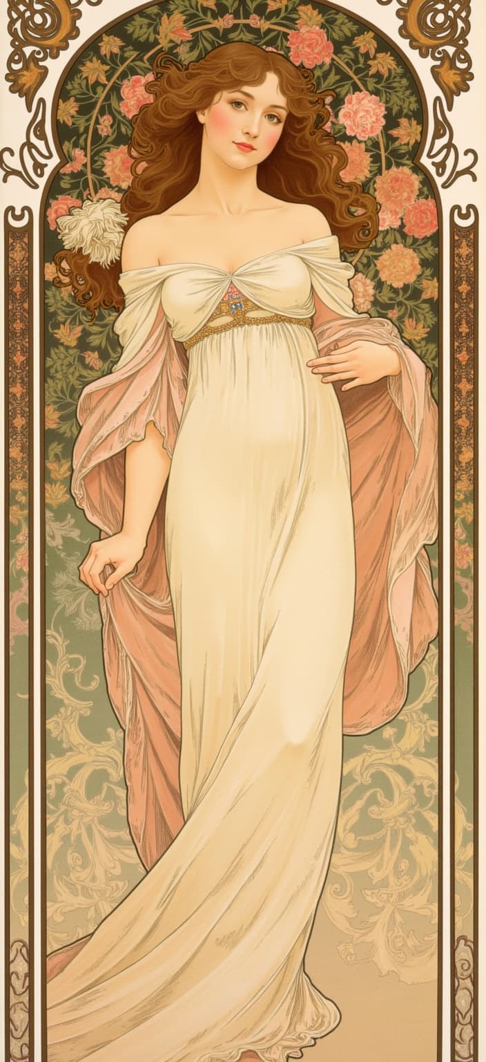 mucha, Capture the essence of timeless beauty in a portrait of a beautiful young woman, presented as a headshot facing the camera. The image exudes an ethereal allure, painted with flowing, organic lines that dance across the canvas. Her serene expression is surrounded by intricate decorative patterns, resonating with the harmonious blend of natural motifs such as delicate flowers, twisting vines, and subtle celestial elements.
Set against a highly stylized background, the artwork breathes a dreamlike, romantic aesthetic, drawing inspiration from the sensuous and elegant style of Alphonse Mucha. The composition is enriched with Mucha's signature palette of delicate colors and exuberant floral motifs, where sinuous vines and blooming flowers intertwine with gentle geometric patterns. This enhances the scene with a refined, ornamental quality, seamlessly merging fine art with design.
Enclosing this captivating image is an elaborate ornamental frame, its sweeping curves and intricate embellishments reminiscent of a grand Gothic window. The intricate border, adorned with organic patterns, blooms, and celestial symbols, serves as a visual unifier, inviting the viewer into a dreamlike realm. Here, nature and human emotion poetically intertwine, ensuring the artwork remains centered and crisp, perfectly suited for printing onto a digital wallpaper, transforming any space into a gateway of serene beauty and artistic elegance.