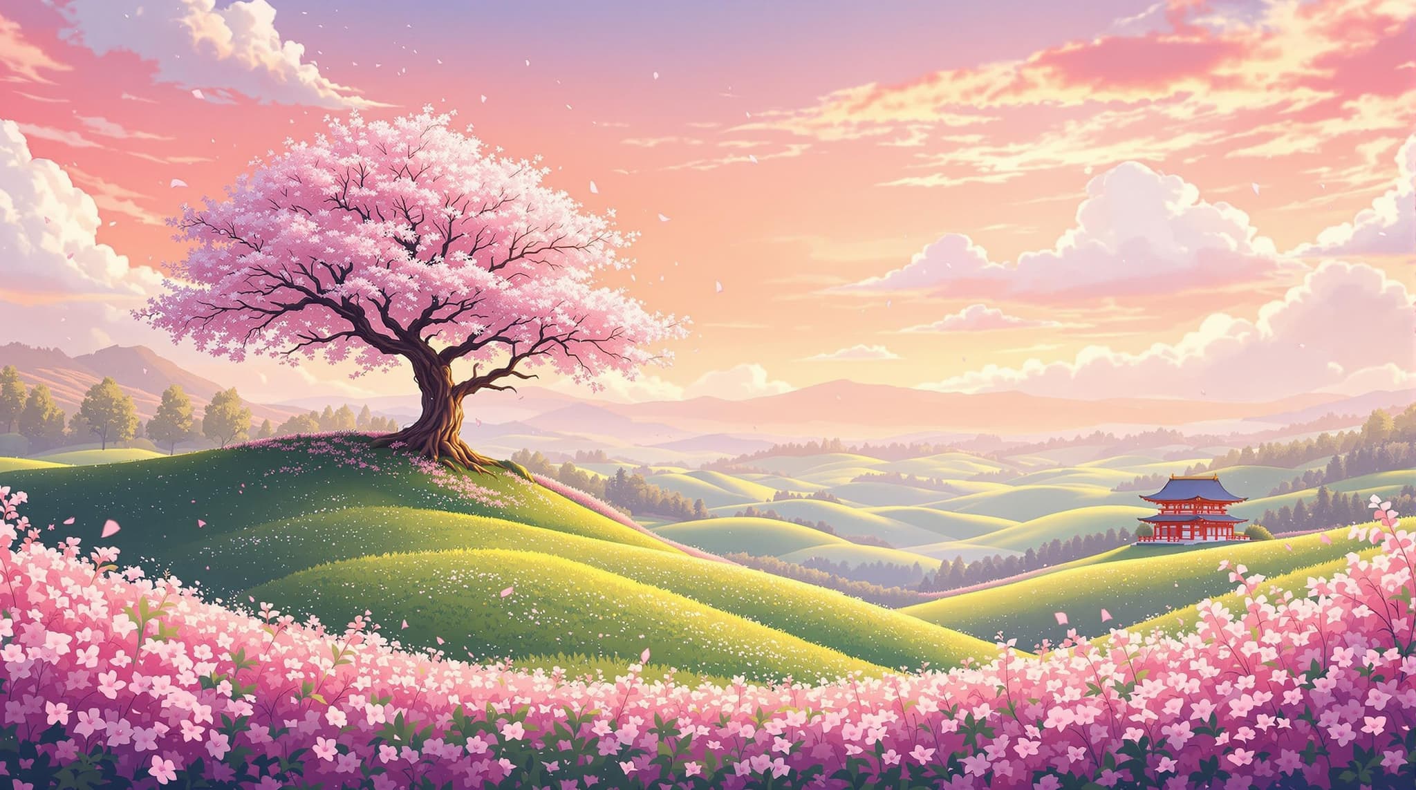 , Enriched prompt: The scene captures a breathtaking anime-inspired landscape at the tranquil time of sunset, vividly depicted in a classical style. The centerpiece is a serene countryside adorned with gently undulating green hills that invite a sense of calm and expansiveness. Atop one of the hills stands a magnificent cherry blossom tree, its branches laden with delicate pink blossoms. The petals are caught in a gentle breeze, swirling softly through the air, adding a sense of movement to the stillness.
Nearby, a small, traditional Japanese shrine nestles quietly into the landscape, its architecture elegantly merging with the surrounding nature. The sky above is a warm tapestry of golden-pink hues, the colors blending smoothly into each other, creating an ethereal backdrop. Wispy clouds stretch across the horizon, their softness enhancing the tranquility of the scene.
The composition is cinematic, focusing the viewer's gaze onto the interplay between the elements of nature and tradition. The vibrant colors are meticulously crafted to emphasize the beauty and serenity of the setting, while the high level of detail ensures that every aspect of the landscape is rendered clearly and beautifully. The anime aesthetic shines through with vividness and clarity, making it a perfect choice for a digital wallpaper. The entire scene is centered with precision, ensuring a crisp, clean look that is ideal for printing and display.