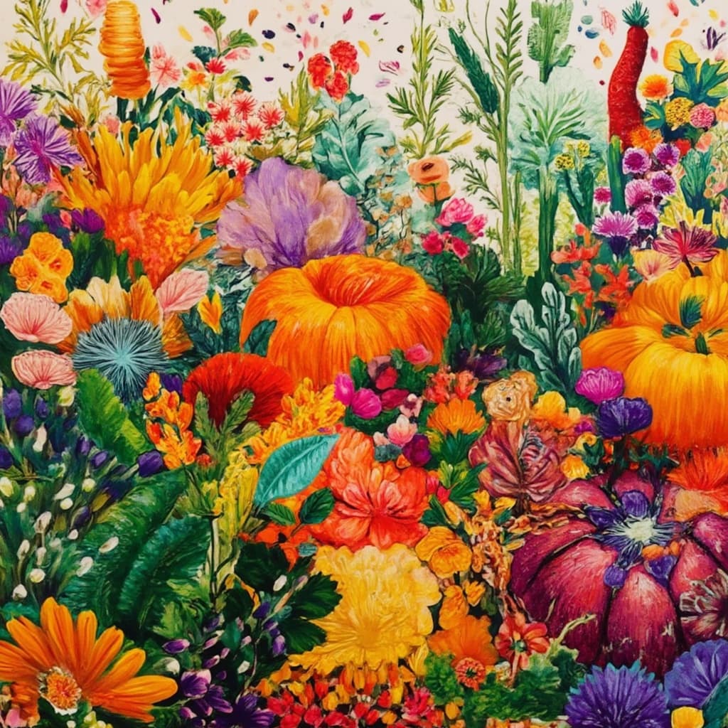 colorful_illustration, In this captivating painting, a bountiful array of garden vegetables takes center stage, featuring a vibrant assortment of colorful produce such as plump tomatoes, crisp cucumbers, golden carrots, and lush leafy greens. Each vegetable is painted with meticulous attention to detail, showcasing their natural textures and hues, adding a luscious, inviting aura to the composition.
The backdrop is an enchanting tapestry of organic shapes and decorative elements flowing with an effortless grace across the canvas. This dynamic landscape is adorned with scattered embellishments like intricate dots, whimsical swirls, and playful abstract motifs, each contributing to a sense of whimsy and movement. These elements are harmoniously intertwined with radiant leaves and floral accents, offering a natural, free-flowing quality that captivates the eye.
Painted in a style that draws inspiration from Scandinavian folk art and mid-century botanical prints, the piece exudes a hand-drawn, artisanal feel. The lavish, decorative style merges bold organic shapes with delicate details, creating an intricate composition full of depth and liveliness. Luxurious layers of color and pattern amplify this sense of dimensionality, inviting the viewer to explore each facet of the scene.
This artwork is meticulously centered, ensuring a crisp, clean look that is perfect for transforming any wall into a vibrant display. It's not just a painting; it's a celebration of nature's bounty, rich with color and detail, making it an exquisite piece of wall art that will enliven any space with its playful and dynamic energy.
