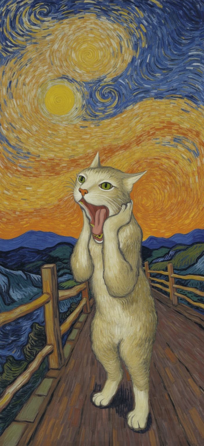 van_gogh, A captivatingly humorous digital painting unfolds, capturing a wide-eyed, surprised cat positioned at the center of a bridge. The feline, reminiscent of Edvard Munch's iconic 'The Scream,' stands with its mouth agape in a dramatic, exaggerated scream, its paws clutched to both ears. This front-facing portrayal of the cat merges surrealism with comedy, offering a fresh interpretation that pays homage to Munch's style.
Executed with intense color, dynamic brushwork, and bold, expressive compositions, the painting features vivid, rich colors applied in thick, impasto layers. These layers create a palpable sense of movement and emotional depth that elevates the scene’s drama. In the background, a swirling sunset sky unfurls, resplendent in vibrant oranges, deep purples, and cool blues. Expressive brush strokes, reminiscent of curling, flame-like patterns, infuse the sky with a rhythmic, pulsating quality, enhancing the energy and vibrancy of the composition.
Bold complementary color contrasts, such as blue against orange and yellow against purple, amplify the visual impact and intensity of the piece. The loose, energetic brushstrokes inject a sense of urgency and raw emotion, weaving a tapestry of drama, surrealism, and humor that is both deeply personal and universally captivating.
The meticulous centering of the artwork ensures a crisp, clean look, perfectly suited for digital wallpaper. This visual masterpiece invites viewers to immerse themselves in its vibrant, whimsical world, making it an ideal choice for those seeking a touch of dynamic artistry in their digital spaces.