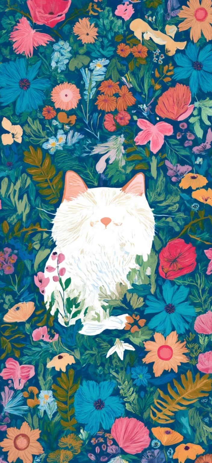 colorful_illustration, A captivating painting emerges against a vibrant blue backdrop, featuring a serene white cat as its central subject. This enchanting scene is illustrated in a vibrant and colorful style, exuding a playful and dynamic hand-drawn feel. The cat, with its pristine fur, is artfully positioned at the center, its gentle gaze directed outward, embodying a sense of tranquility and curiosity. Surrounding the feline is a lively tapestry of organic shapes and decorative elements, harmoniously arranged to create a natural, free-flowing quality.
Radiating from the background, an array of leaves and floral patterns dance across the canvas. Scattered ornamental details, such as dots, swirls, and abstract motifs, add to the intricacy of the composition, enhancing the sense of depth and movement. The luxurious layering of colors and patterns evokes a lavish, decorative style that resonates with the essence of Scandinavian folk art and mid-century botanical prints.
These elements converge to create a harmonious, hand-drawn aesthetic that draws inspiration from both nature and art history, painting a picture that feels timeless yet refreshingly modern. The overall composition is meticulously centered, ensuring a crisp, clean presentation perfect for digital wallpaper, ready to be printed and admired on any screen, bringing a touch of elegance and whimsy to any space.