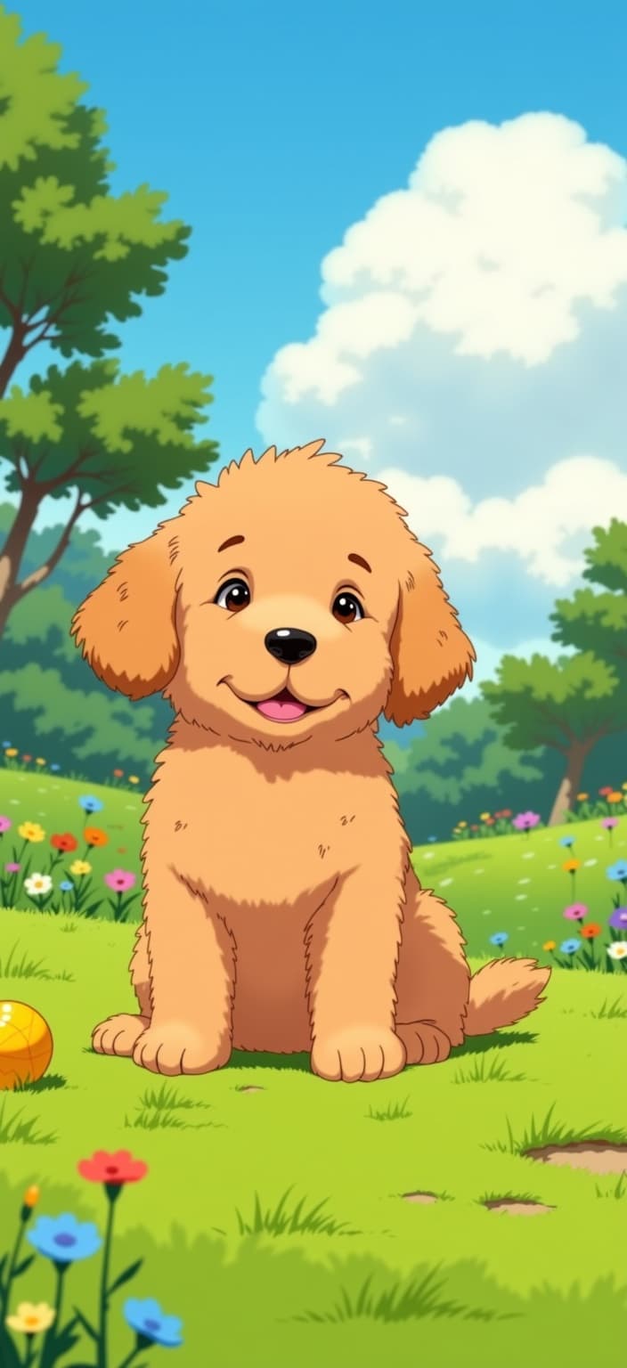 ghibli_illustration, Enriched prompt: Picture a delightful scene where a puppy Golden Doodle takes center stage, sitting contentedly on a lush, green lawn. The composition is crafted in the hand-drawn animation style, featuring richly detailed backgrounds that bring the scene to life. The puppy, with its soft, curly fur, is depicted with expressive features and endearing character designs, exuding a whimsical and joyful aesthetic.
The color palette is bright yet slightly muted, creating a cozy and inviting mood with warm, natural lighting that bathes the entire scene. The soft, painterly textures and pencil sketch effects lend a hand-drawn feel, with subtle imperfections that add to the organic movement within the painting. Everyday objects scattered around—perhaps a ball or a chew toy—are meticulously rendered to emphasize a dreamlike nostalgia.
The background is alive with details: perhaps a gently rolling landscape dotted with vibrant flowers, swaying gently in the breeze, to maintain a soothing, lived-in quality. Despite the carefully curated background, the main subject, our charming Golden Doodle, is accurately proportioned and clearly visible, ensuring it remains the focal point of the artwork.
This composition, perfectly centered, is designed to provide a crisp, clean look, making it an ideal choice for digital wallpaper. Its dreamy yet tangible qualities invite viewers to lose themselves in a nostalgic moment frozen in time, where everything feels tangible and vibrant.