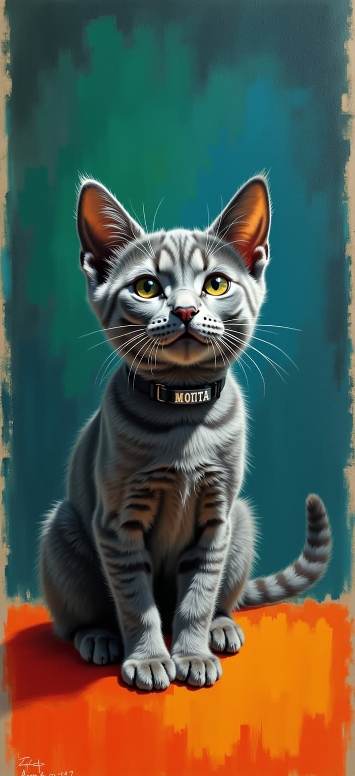 rothko, Enriched prompt: Imagine a beautifully serene painting capturing the essence of a small, handsome gray kitten named Motita, adorned with a delicate collar inscribed with its name. The feline is elegantly poised at the center of the composition, its fur a silky tapestry of varied shades of gray that capture both light and shadow with nuanced detail. The background serves as a harmonious symphony of color, featuring a deep navy blue interwoven with vibrant tones of green and orange. These hues engage in a subtle dance, creating an ethereal aura reminiscent of a heavenly twilight.

The painting draws inspiration from the style of complex layering of translucent colors, where light filters through in such a way that the entire scene seems to glow with an "inner light" of remarkable luminosity. From close range, the colors melt and fuse with blurred boundaries, forming soft-edged rectangles that appear to float weightlessly. Richly varied surfaces come alive with paint drips and strokes that run in unconventional directions, enhancing the dreamlike quality of the painting.

This captivating artwork is meticulously designed to be the focal point of a digital wallpaper, ensuring a crisp and clean look suitable for printing. The overall effect is one of serene elegance, inviting viewers to lose themselves in the serene beauty and subtle complexity of Motita's world.