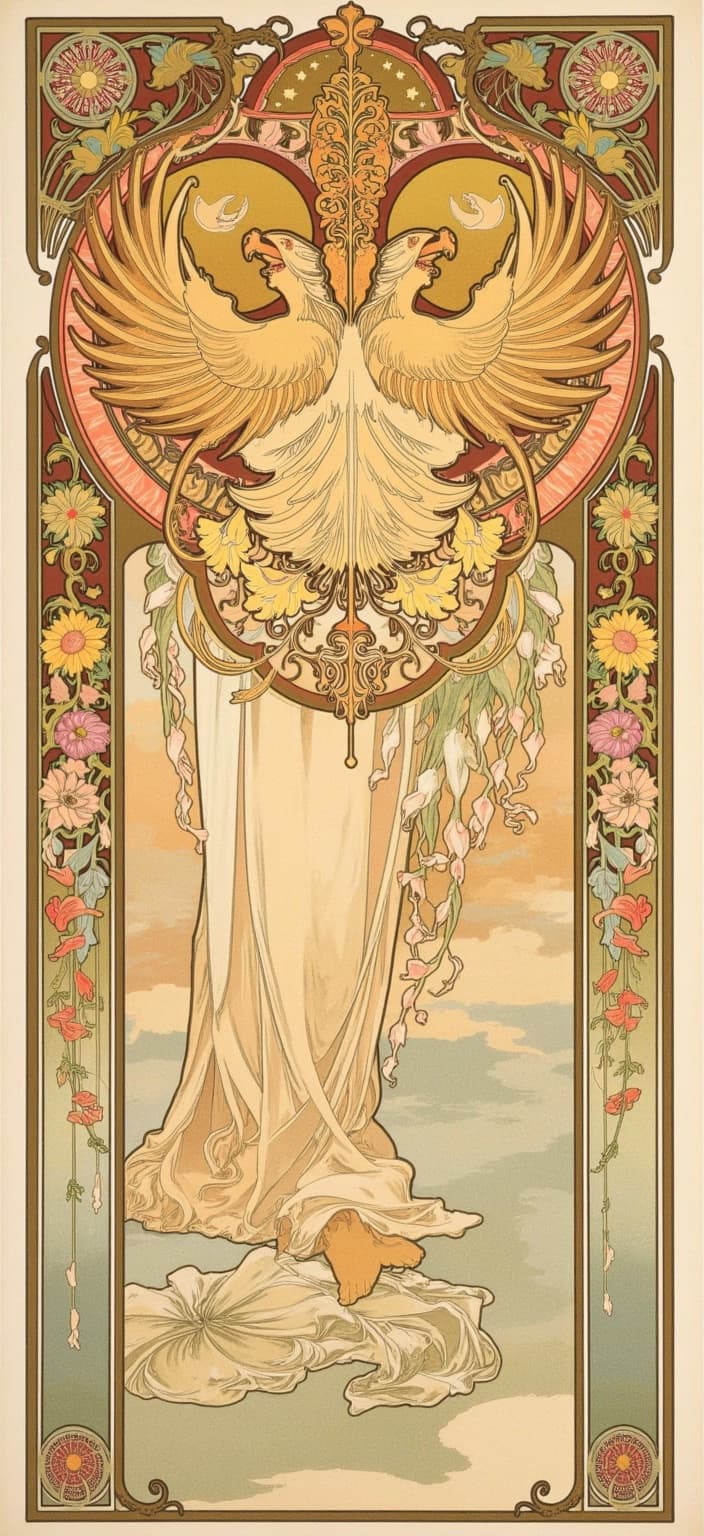 mucha, Enriched prompt: Imagine a painting of the imperial Russian coat of arms, reimagined in a style that evokes the flowing, organic lines and intricate decorative patterns reminiscent of Alphonse Mucha’s Art Nouveau masterpieces. The core of the image features the majestic double-headed eagle, its outstretched wings adorned with shimmering feathers that seamlessly blend into a tapestry of sinuous vines and blooming flowers. Each feather is meticulously detailed, echoing the delicate colors and exuberant floral motifs that characterize Mucha's work.
The eagle's imposing crowns, scepters, and orbs are intertwined with subtle geometric patterns and celestial elements—stars and crescent moons—that lend an ethereal quality to the composition. The coat of arms itself is set against a highly stylized background, a dreamlike, romantic landscape that merges fine art with design. This backdrop is composed of soft, flowing hues that harmoniously blend together, enhancing the sense of a celestial realm.
Encircling the entire scene is an elaborate ornamental frame, crafted to resemble a grand Gothic window. This intricate border is adorned with sweeping curves, detailed embellishments, and a rich array of organic patterns, including additional flowers and celestial symbols. This frame acts as both a visual unifier and a gateway into this dreamlike realm, where nature and imperial grandeur intertwine in poetic harmony. The composition is centered, ensuring a crisp and clean look perfect for digital wallpaper, offering a breathtaking view that captures the essence of romance and majesty.