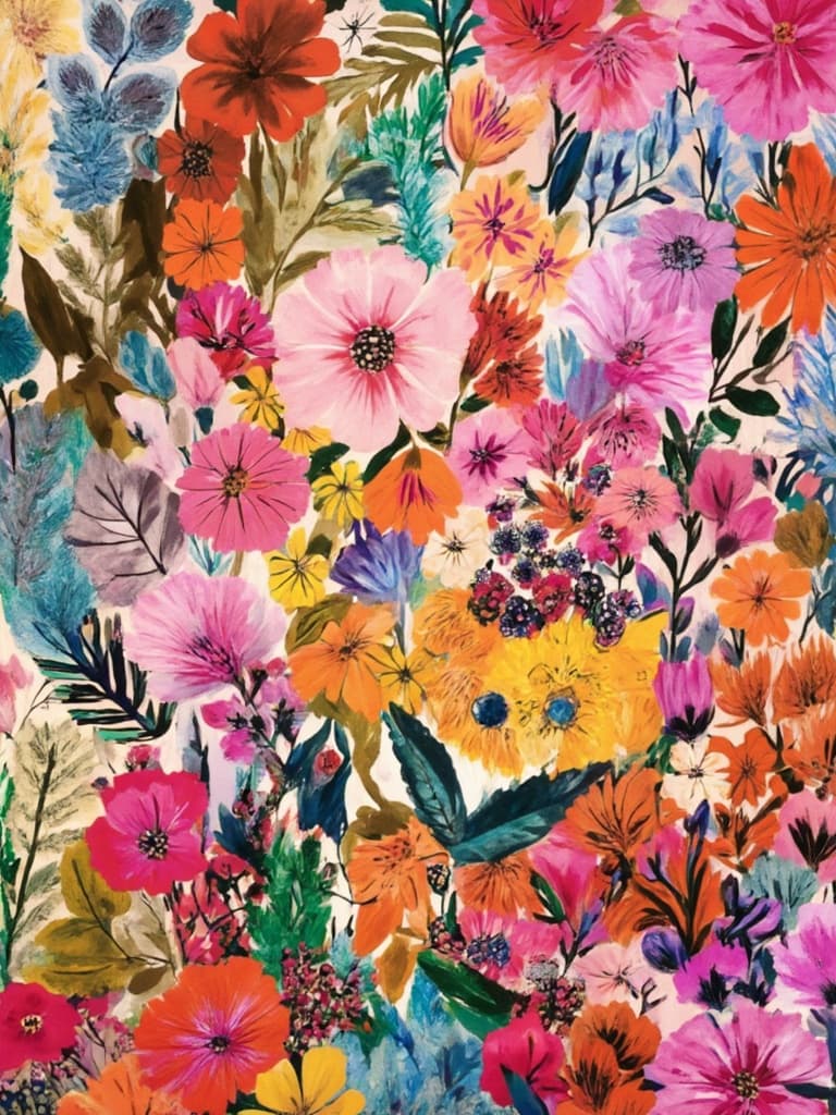 colorful_illustration, In the center of the painting, a joyful dog is depicted with a wide, endearing smile, capturing a sense of playfulness and exuberance. The dog's fur is rendered in vibrant colors, each shade flowing seamlessly into the next, emphasizing the animal's lively nature. Its expressive eyes and perked ears add to its charismatic demeanor, inviting viewers into its world. Surrounding the dog, the canvas is alive with a rich tapestry of bold organic shapes and intricate patterns.
The background is a celebration of nature's bounty, adorned with an array of various leaves and floral elements that dance across the canvas. These elements are harmoniously arranged, creating a natural, free-flowing quality to the design. Scattered throughout are decorative elements such as swirling lines, abstract motifs, and delicate dots, each contributing to the dynamic composition.
The painting, inspired by Scandinavian folk art and mid-century botanical prints, features lavish layers of colors and patterns, creating a sense of depth and movement. The radial floral patterns and luxurious textures invite the observer to explore every corner of the artwork.
This centered, vibrant, and colorful illustration has a hand-drawn feel, perfect for wall-art. It is designed to offer a crisp, clean look, making it an ideal centerpiece that brings joy and an artistic flair to any room.