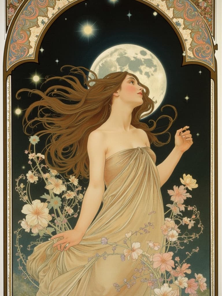 mucha, A captivating painting featuring a young woman gazing upwards towards the night sky, her expression serene and contemplative. Her long, flowing hair gently dances in the breeze, cascading in graceful waves that echo the natural motifs surrounding her. The dark, velvety night is punctuated by the luminous glow of a full moon, its silver light casting a gentle halo around her form and illuminating the scene with an ethereal quality.
The artwork is steeped in the flowing, organic lines characteristic of the chosen style, where intricate decorative patterns weave through the composition like a tapestry of dreams. Delicate flowers and sinuous vines entwine around her, their forms detailed with exquisite precision. Celestial elements such as stars and wisps of clouds add depth and mystique, seamlessly blending with the harmonious design of the background.
The color palette is a delicate symphony of soft pastels and deeper hues, each shade carefully chosen to evoke a sense of romantic elegance. These colors, enhanced by Mucha’s signature blend of exuberant floral motifs, infuse the painting with a refined, ornamental quality.
Framing the entire composition is an elaborate border, reminiscent of a grand Gothic window. Its sweeping curves and detailed embellishments are adorned with organic patterns, flowers, and celestial symbols, creating a visual unifier that invites the viewer into this dreamlike realm. This elaborate frame serves as a portal, inviting one to explore a world where nature and human emotion intertwine in poetic harmony.
Centered for a crisp, clean look, this digital wallpaper will transform any screen into a stunning piece of art, capturing the beauty of a moment suspended in time.