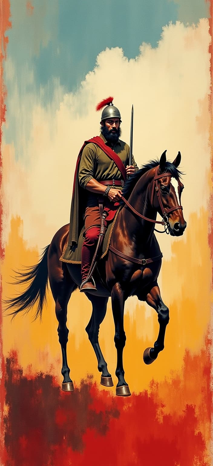 rothko, Envision a striking digital wallpaper featuring a Turkic soldier from the year 1071, gallantly riding a robust, spirited horse through the vast, rugged landscapes of Anatolia. The soldier exudes valor, gripping a blood-stained sword that reflects the intensity and drama of the scene. Painted in a style characterized by the complex layering of translucent colors, the image captures a sense of "inner light" and remarkable luminosity.
The composition is crafted with soft-edged rectangles and floating zones of color that hover weightlessly across the canvas. Up close, the colors merge and blend seamlessly, creating blurred boundaries between forms, while from a distance, the design exudes harmony and balance. The richly varied surfaces are brought to life with paint drips and strokes that break convention, moving in unpredictable directions to enhance the story's dynamic flow.
Centered and meticulously detailed, this piece is crafted to ensure clarity and visual impact, making it ideal for use as a digital wallpaper, imbuing any space with an aura of historical mystique and artistic sophistication.