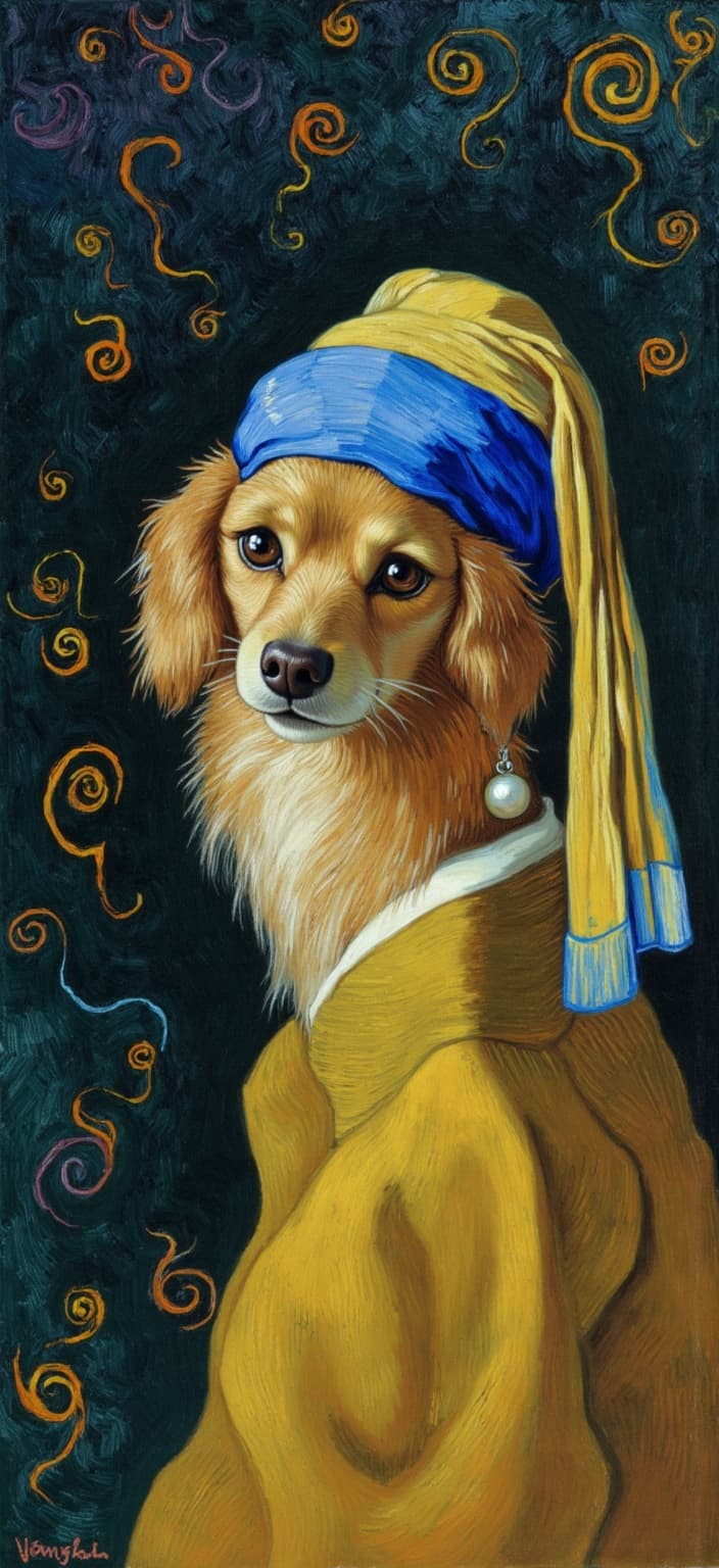 van_gogh, Title: "The Canine with a Pearl Earring"
Enriched Prompt:
In this vibrant and captivating painting, a small, fluffy dog takes center stage, embodying the elegance and mystery of Vermeer’s iconic 'Girl with a Pearl Earring.' The painting is a masterful blend of Dutch Baroque realism with modern expressive techniques. The dog, with its long, silky fur and soulful, expressive eyes, is depicted in a classic three-quarter pose. Its gaze is calm yet enigmatic, drawing viewers into the serene yet richly textured world of the painting.
The dog is adorned in a luscious golden-brown cloak that drapes elegantly over its fur, casting soft, natural shadows that enhance the texture and depth of the piece. A large, luxurious blue and yellow headscarf wraps around its head in graceful folds, contrasting beautifully with the rich tones of the dog’s fur and the cloak. The highlight of the ensemble is the shiny pearl earring, which reflects delicate specks of light, adding a touch of refinement and allure.
Behind this regal canine figure lies a dark, moody background that serves to accentuate the subject's luminosity and presence. This backdrop is reminiscent of the classic Dutch Baroque style but is invigorated with an intense color palette, dynamic brushwork, and bold, expressive compositions. The background is imbued with swirling, curly patterns in contrasting shades of blue, orange, yellow, and purple, creating a rhythmic movement that echoes the emotional depth and urgency of an expressive style.
The brushstrokes are applied in thick, impasto layers, their energetic and often swirling nature lending a pulsating quality to the painting, as if the scene is alive with motion and emotion. This dynamic touch, combined with vigorous, linear patterns, adds a sense of life and intensity, making the artwork both deeply personal and universally compelling.
The entire composition is centered, ensuring a crisp, clean presentation suitable for printing as a stunning digital wallpaper. This piece is a harmonious fusion of elegance, emotion, and charm, perfect for art enthusiasts who appreciate both classical reverence and modern expressiveness.