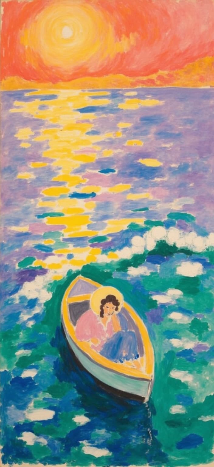 mattise_nice, A captivating painting unfolds, showcasing the serene journey of a solitary man nestled in a small rowboat, his form delicately framed from behind. The man sits calmly, his straw hat perched jauntily upon his head, as he drifts through the harmonious embrace of rhythmic, undulating waves. These waves, tender in motion, mirror the warm hues of a breathtaking sunset, casting a golden-orange glow that dances upon the water's surface. Inspired by the "Matisse in Nice" style, the composition is infused with vibrant colors and bold, expressive brushstrokes that capture the essence of tranquility and beauty.
The scene is framed centrally, ensuring a crisp and clean appearance that makes it ideal for digital wallpaper. The warm, inviting palette of the sunset mingles with hints of deep azure and emerald from the sea, creating a tapestry of colors that evoke a sense of peace and reflection. The gentle sway of the boat harmonizes with the natural rhythm of the waves, while the ethereal sky transitions from fiery orange to soothing lavender, inviting the viewer to lose themselves in this picturesque moment of solitude and splendor.