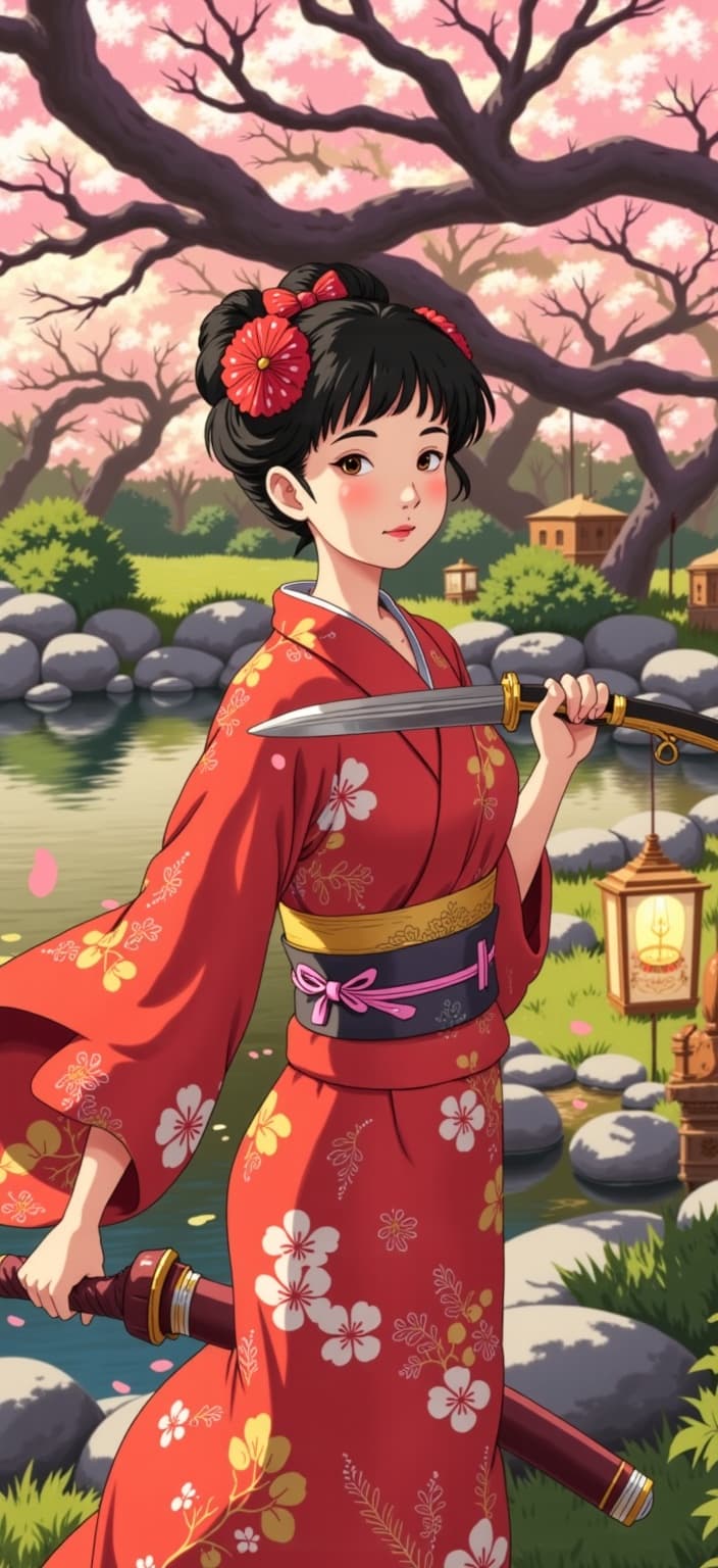 ghibli_illustration, The painting captures a beautifully detailed scene centered on a captivating woman with striking black short hair, styled in a traditional Japanese manner. She is elegantly adorned in an exquisite traditional Japanese dress, which flows gracefully around her. The fabric is intricately decorated with subtle patterns, vibrant colors melding into a harmonious palette, echoing the aesthetic of hand-drawn animation. In her hand, she confidently holds a katana, its blade gleaming gently under the warm, natural lighting that bathes the entire scene in a cozy, inviting glow.
Richly detailed backgrounds bring the setting to life, depicting a nostalgic, dreamlike Japanese garden. Cherry blossom trees, their petals softly falling, frame the background, while a serene pond reflects the vivid yet slightly muted colors, avoiding any harsh contrasts and maintaining a dreamy, inviting atmosphere. Everyday objects such as intricately designed lanterns and delicately arranged stones are meticulously rendered, contributing to the tangible, lived-in feel of the painting.
The character's expression and posture are designed with expressive detail, embodying strength and grace. Her presence is accentuated by the soft, painterly textures and the organic movement of her dress and hair, enhanced by the gentle breeze. The subtle imperfections and pencil sketch influences lend a hand-drawn feel to the artwork, encapsulating the whimsical and joyful aesthetic requested.
This image, crisp and centered, is crafted to ensure a clean, captivating look, perfectly suited for printing as a digital wallpaper. The proportions of the main subject are accurate and clearly visible, inviting viewers into a world where tradition and artistry blend seamlessly.