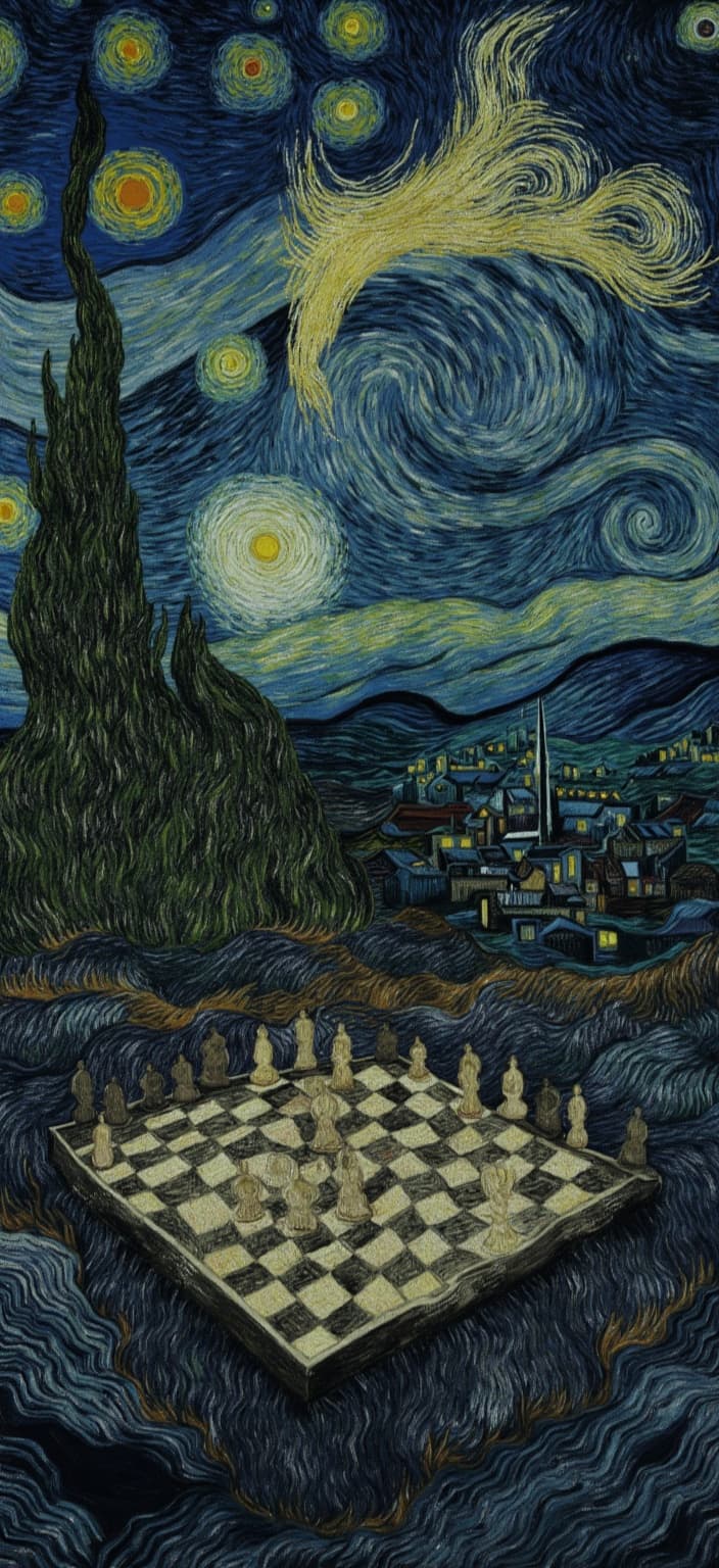 van_gogh, The painting presents a dark, moody chessboard emerging from the shadows in the foreground, its pieces strategically poised under the ethereal canopy of Van Gogh’s swirling, starry night sky. The stars, rendered in a mesmerizing dance of whirling light, draw inspiration from Van Gogh's expressive post-impressionist style, enveloping the scene in a tapestry of cosmic motion. The chessboard’s surface, intricately detailed, reflects the depth of strategic warfare, its squares a patchwork of deep indigo and somber grey, punctuated by the gleaming, ominous presence of the chess pieces.
The composition is a symphony of intense colors and dynamic brushwork, capturing the viewer’s attention with bold, expressive compositions. Vivid and rich, darker colors blanket the scene, while thick, impasto layers of paint create a tactile sense of movement and emotional depth. The artist employs bold complementary color contrasts, such as midnight blue and fiery orange or shadowy yellow and deep purple, to amplify visual intensity and impact.
Loose, energetic brushstrokes form swirling, curly patterns akin to flame-like dances, imbuing the night sky with rhythmic vitality. These vigorous, linear patterns create an animated dialogue between the celestial backdrop and the terrestrial chess game, infusing the painting with motion and a pulsating life force.
This digital artwork, perfectly centered, is designed to ensure a crisp, clean look, making it a standout digital wallpaper. The painting is infused with raw emotion and urgency, transforming it into a deeply personal yet universally compelling piece, a stunning testament to the spirit of Van Gogh’s art.