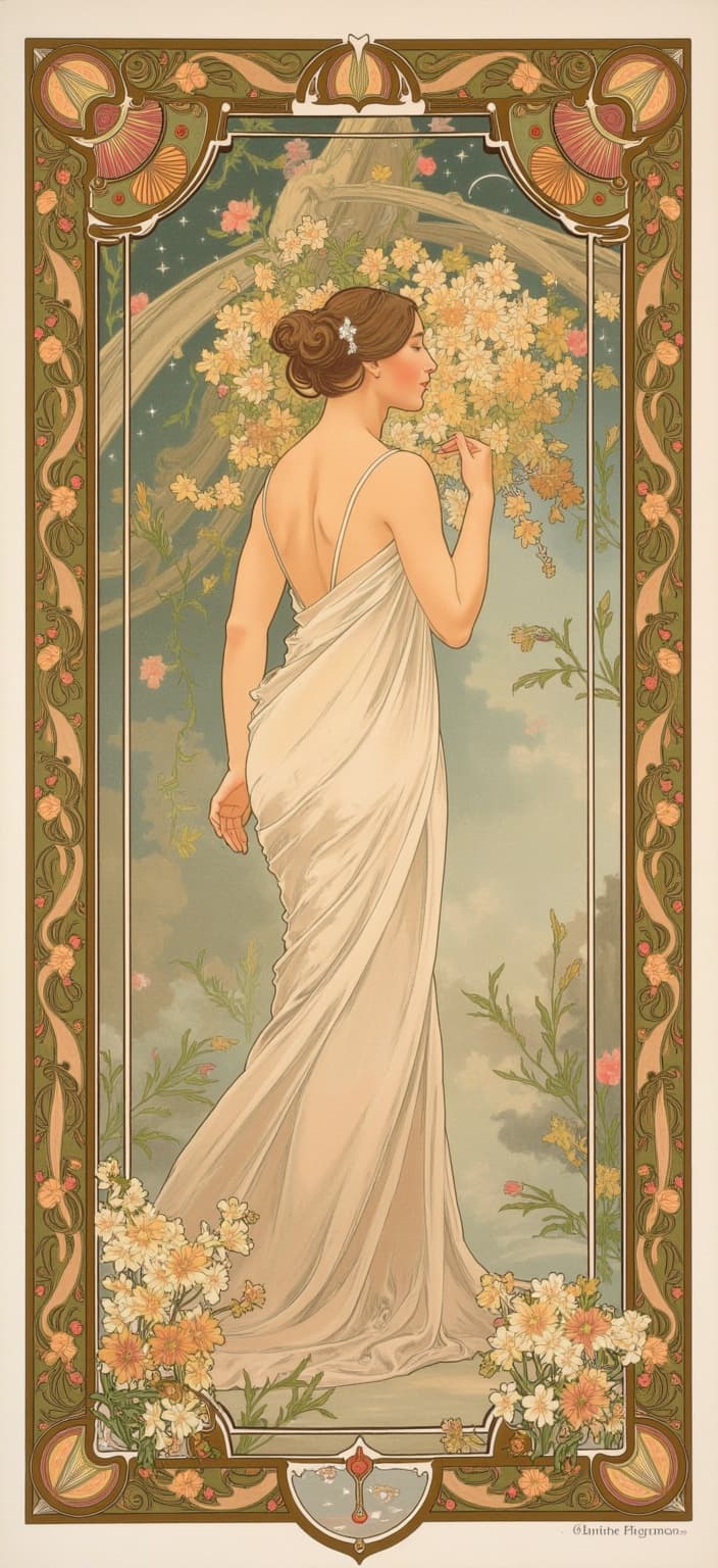 mucha, Enriched prompt: The painting depicts Eren Yeager in a captivating mirror scene, set in a romantic, dreamlike atmosphere. In this artwork, Eren stands poised before an ornate mirror, his reflection softly merging with the intricacies of the surrounding environment. Inspired by the flowing, organic lines and intricate decorative patterns reminiscent of Alphonse Mucha, the composition is a mesmerizing blend of nature and emotion. Sinuous vines and blooming flowers envelop the scene, weaving through the air in harmonious symphony with celestial elements like stars and subtle geometric patterns. The delicate colors imbue the painting with a gentle vibrancy, drawing the viewer into its serene world.
The background is highly stylized, creating a seamless integration between Eren and his ethereal surroundings. The entire composition is enclosed within an elaborate ornamental frame, bringing to mind a grand Gothic window. This intricate border, with its sweeping curves and detailed embellishments, is adorned with organic patterns, flowers, and celestial symbols. It serves not only as a visual unifier but also as a gateway into a dreamlike realm where nature and human emotion intertwine in poetic harmony. This artwork is meticulously centered to ensure a crisp, clean look, making it perfectly suited for a digital wallpaper designed to enhance any space with its delicate yet powerful aesthetic.